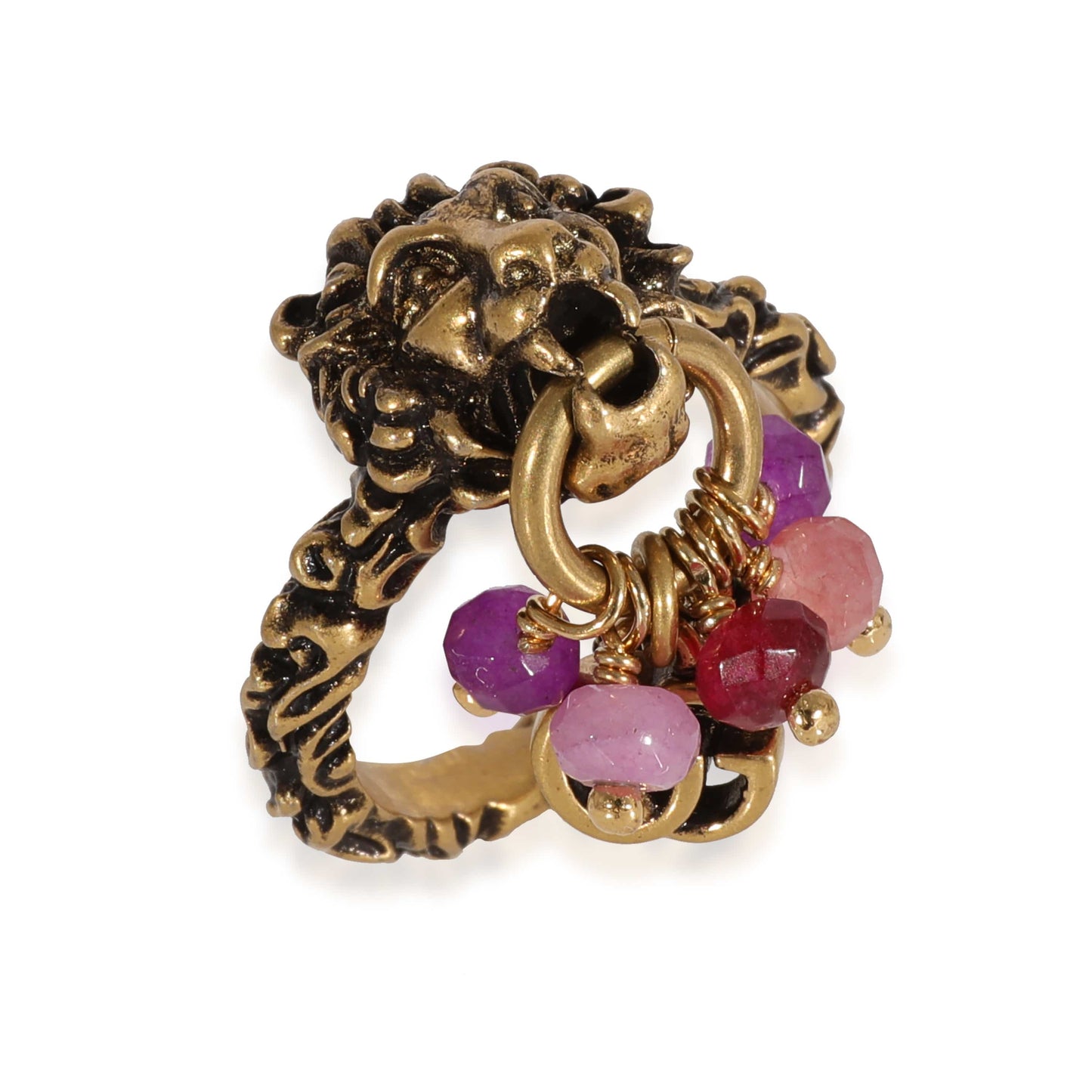 Gucci Brass Tone Lion Head & Beaded Charm Ring with Marmot GG