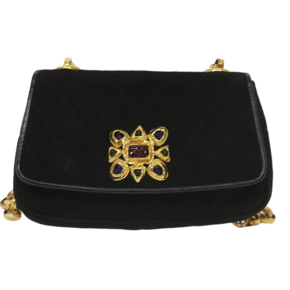 CHANEL Chain Gripoix Shoulder Bag Suede Black CC hk1073