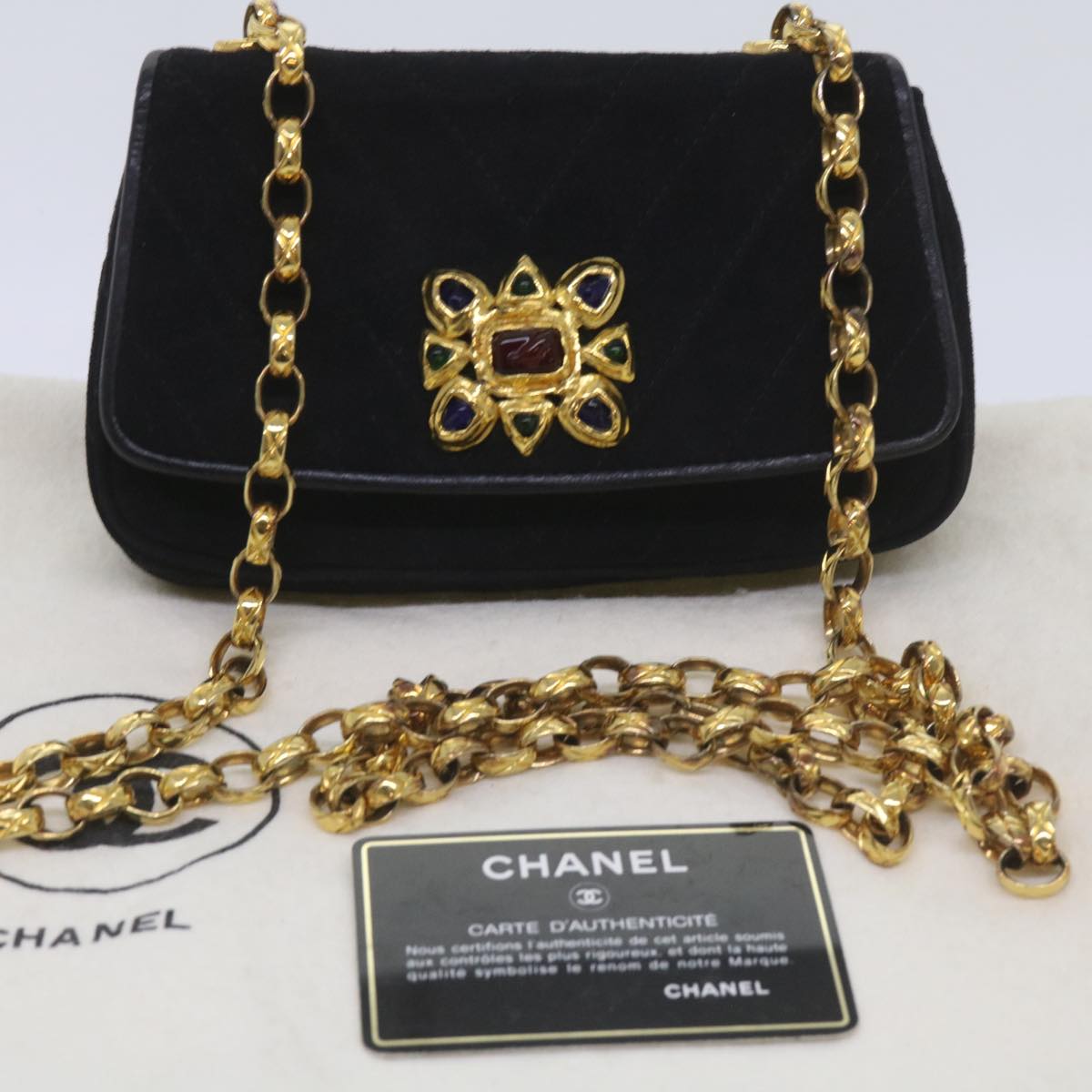 CHANEL Chain Gripoix Shoulder Bag Suede Black CC hk1073