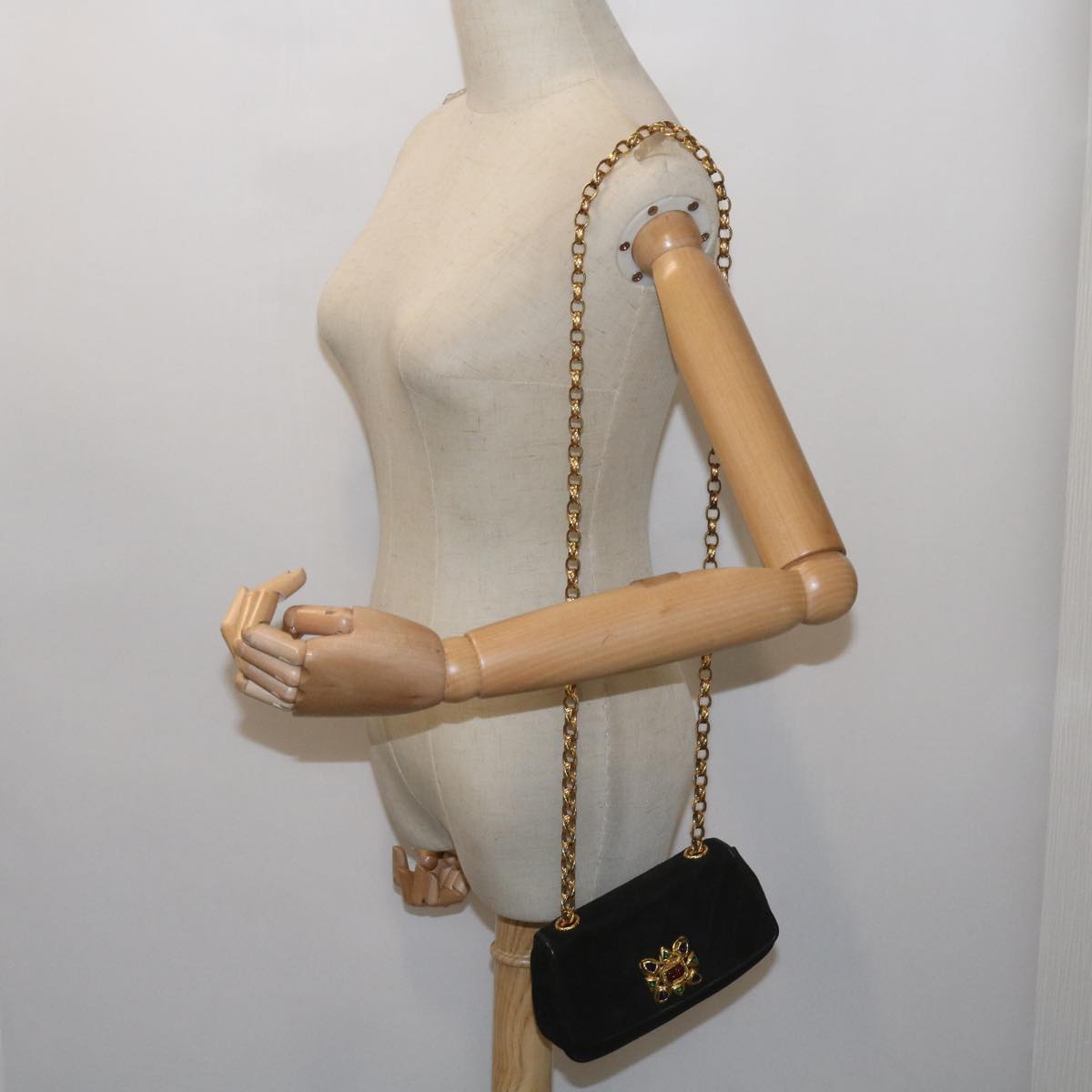 CHANEL Chain Gripoix Shoulder Bag Suede Black CC hk1073