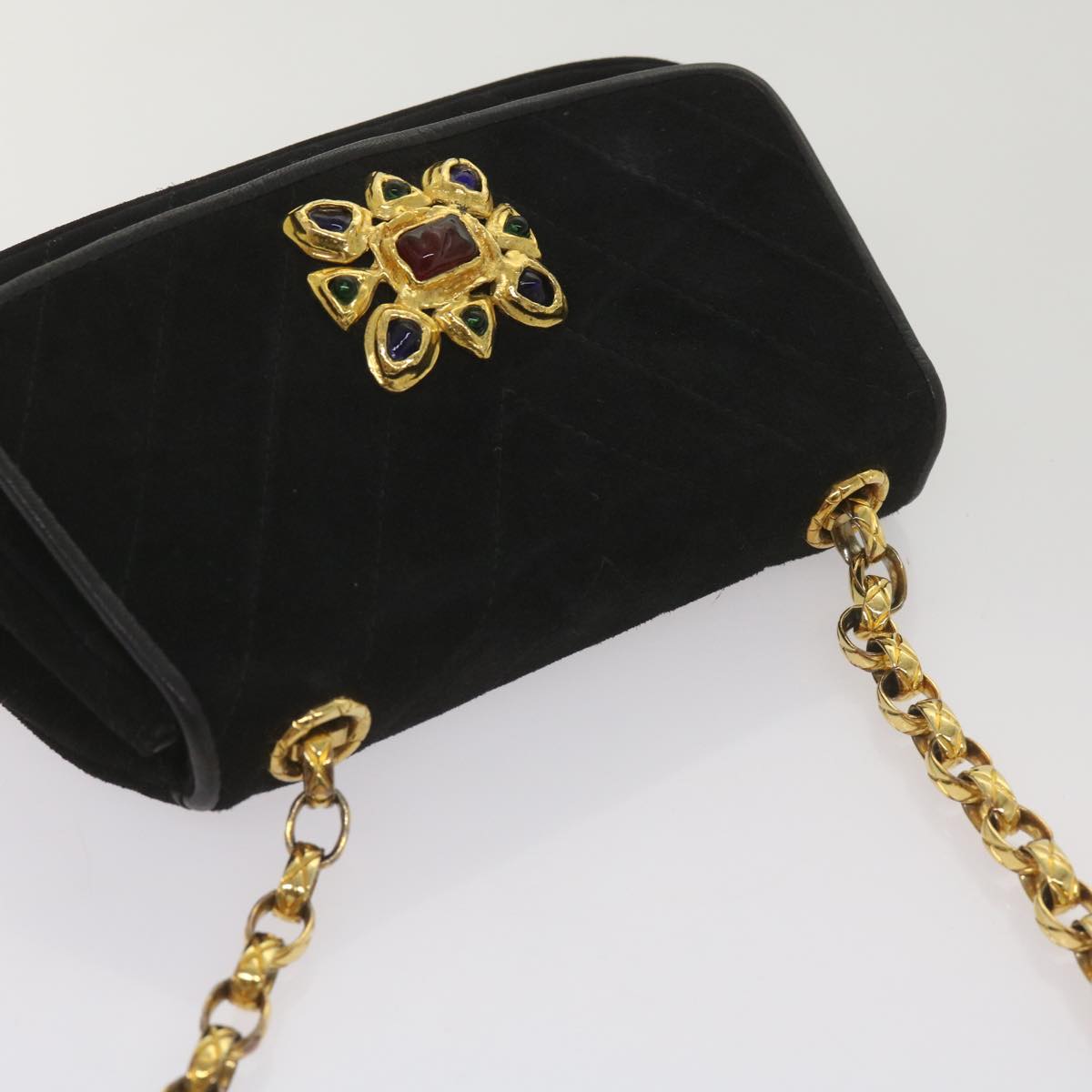 CHANEL Chain Gripoix Shoulder Bag Suede Black CC hk1073