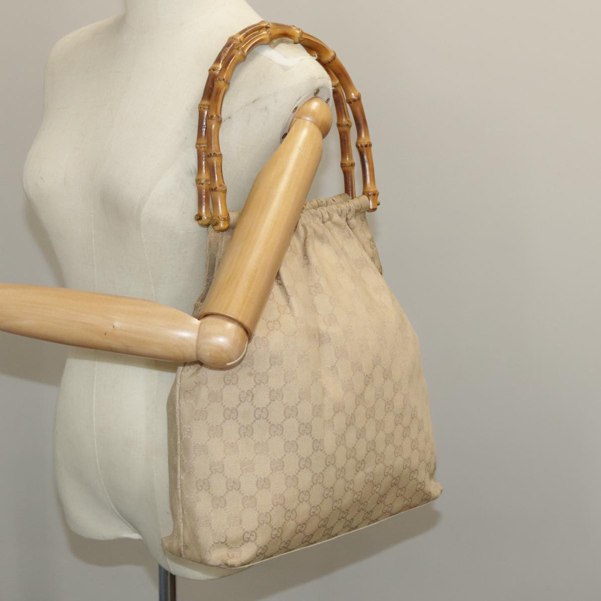GUCCI GG Canvas Bamboo Tote Bag Beige Gold 92709 hk1719