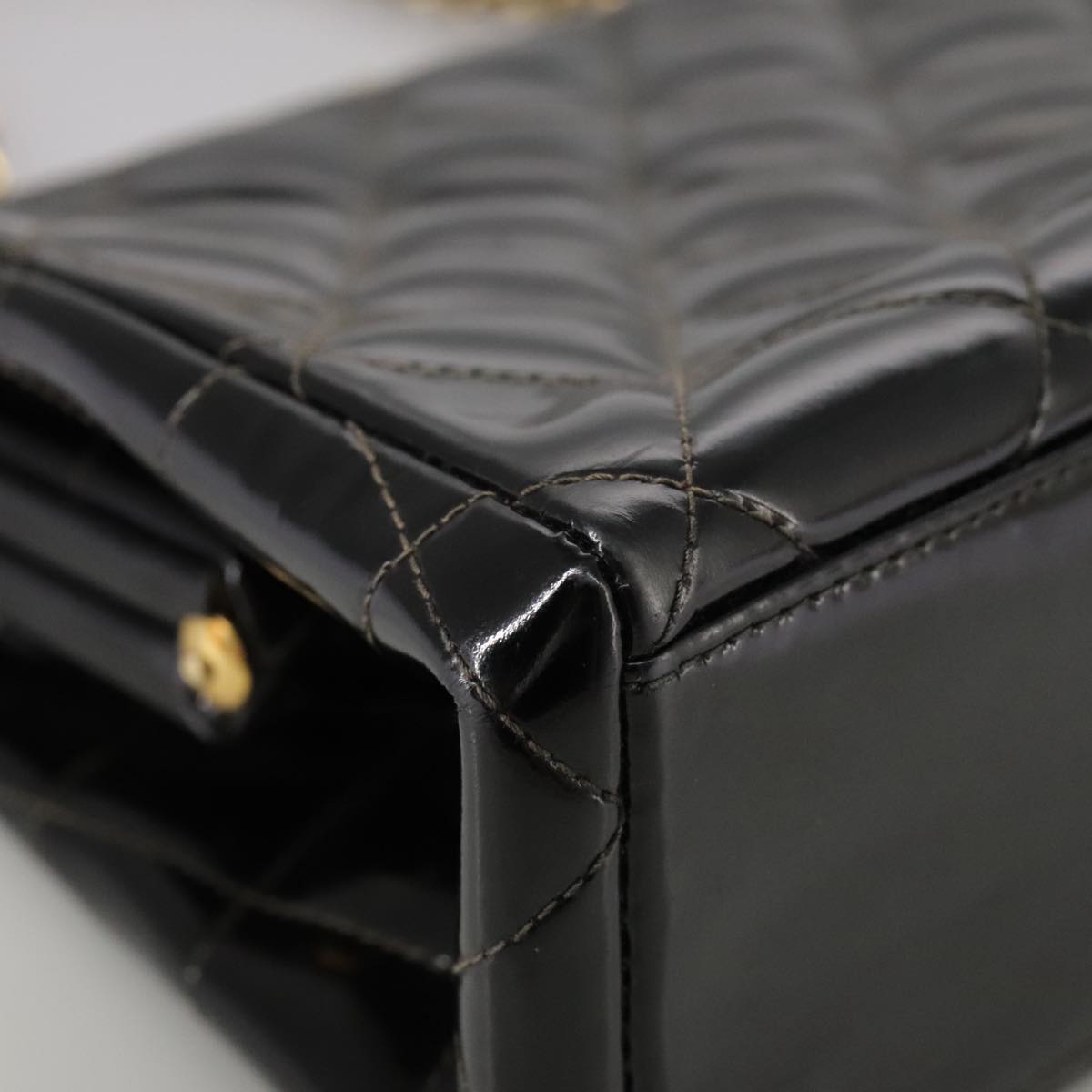 CHANEL Matelasse Chain Hand Bag Patent leather Black Gold CC hk1896