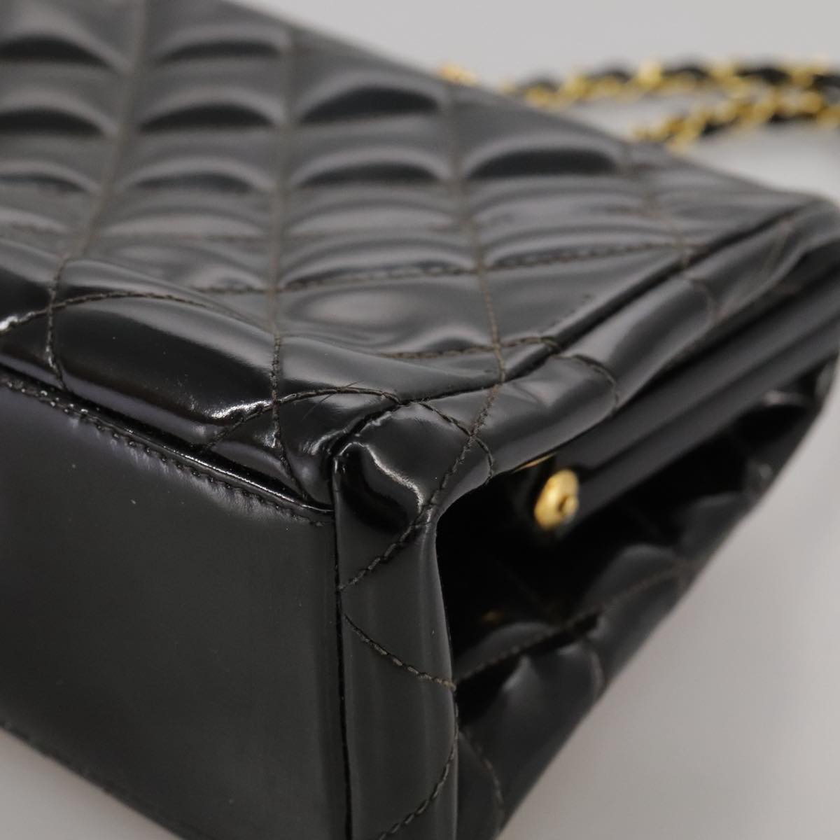 CHANEL Matelasse Chain Hand Bag Patent leather Black Gold CC hk1896