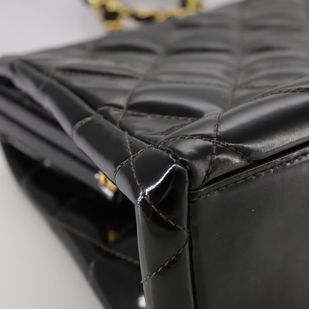 CHANEL Matelasse Chain Hand Bag Patent leather Black Gold CC hk1896