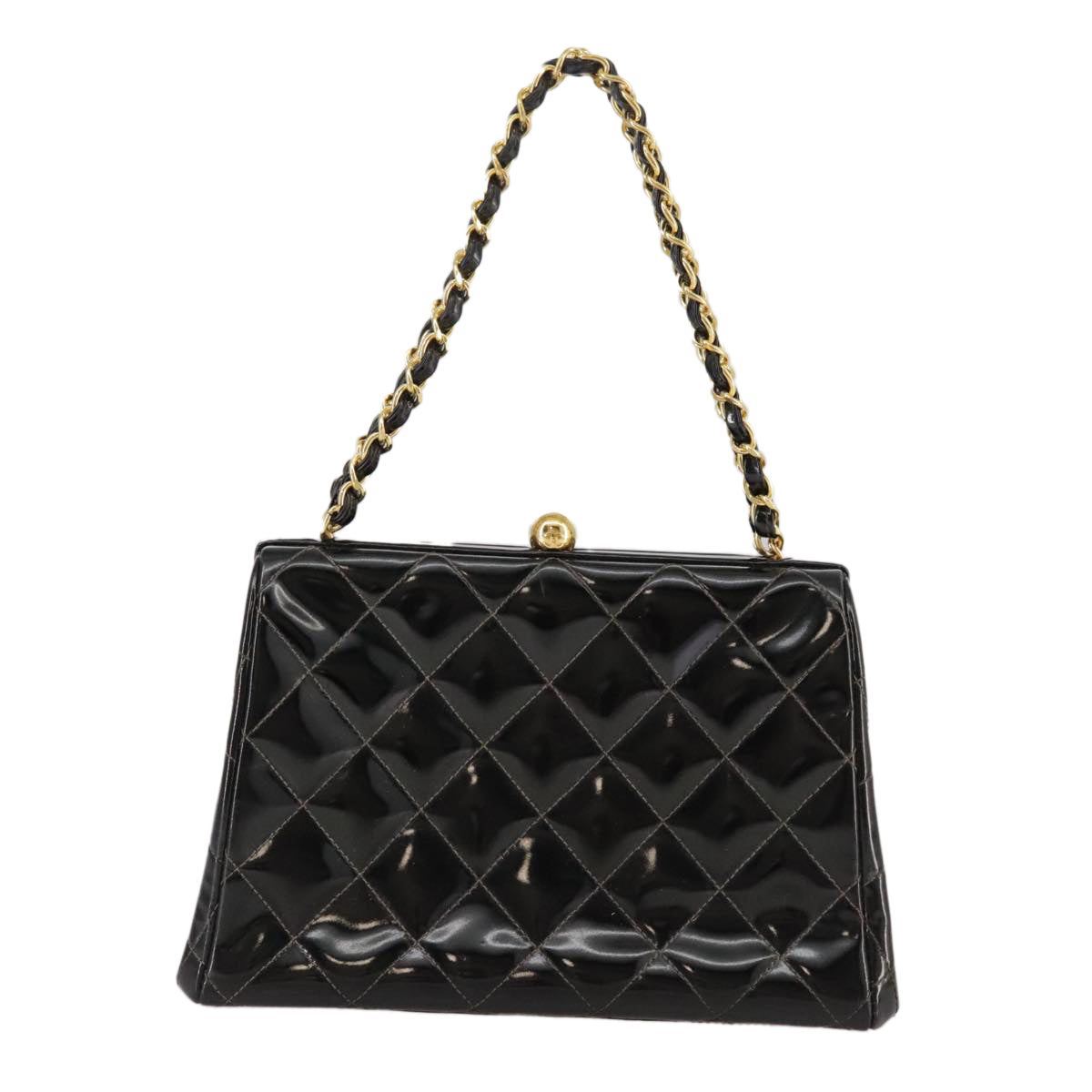 CHANEL Matelasse Chain Hand Bag Patent leather Black Gold CC hk1896