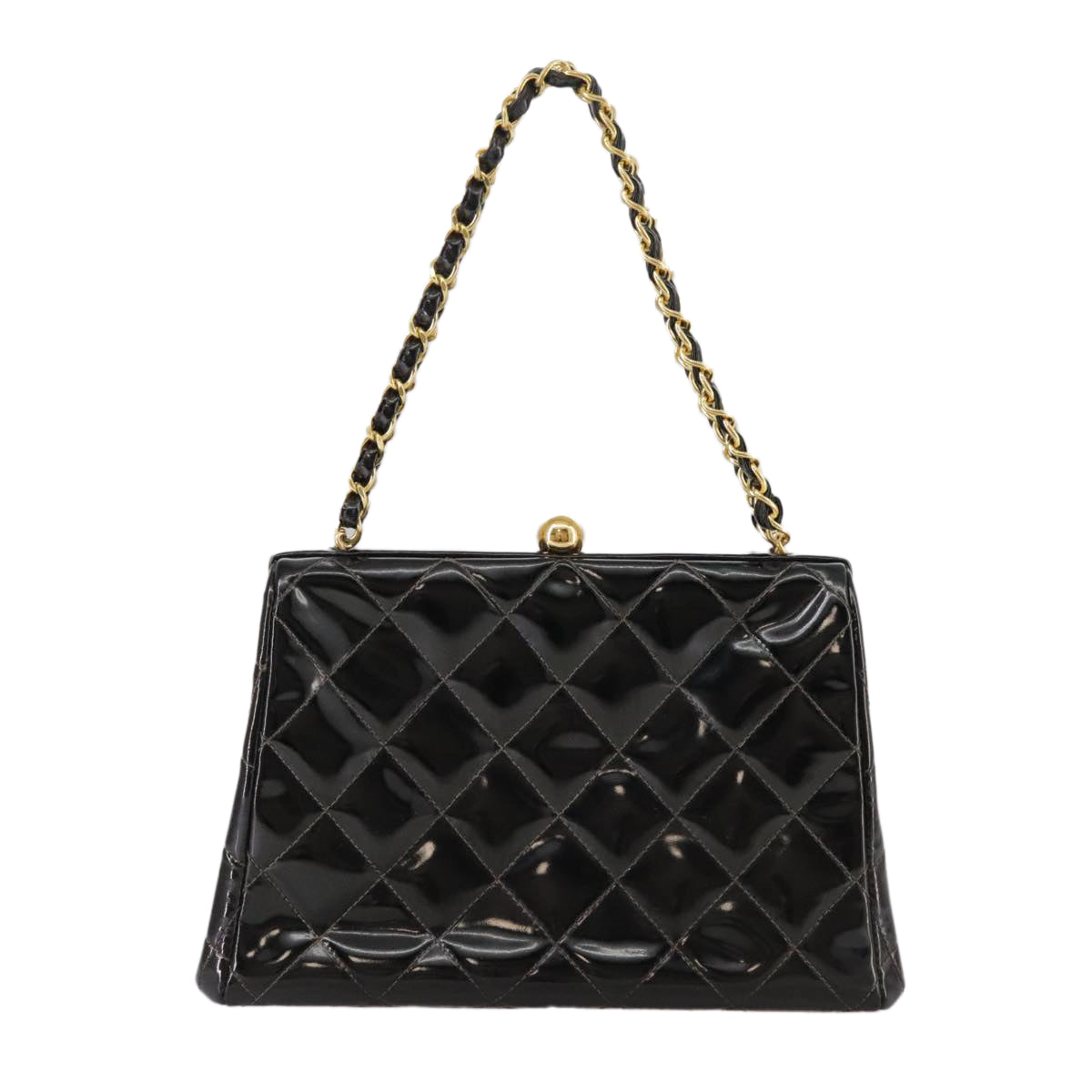 CHANEL Matelasse Chain Hand Bag Patent leather Black Gold CC hk1896