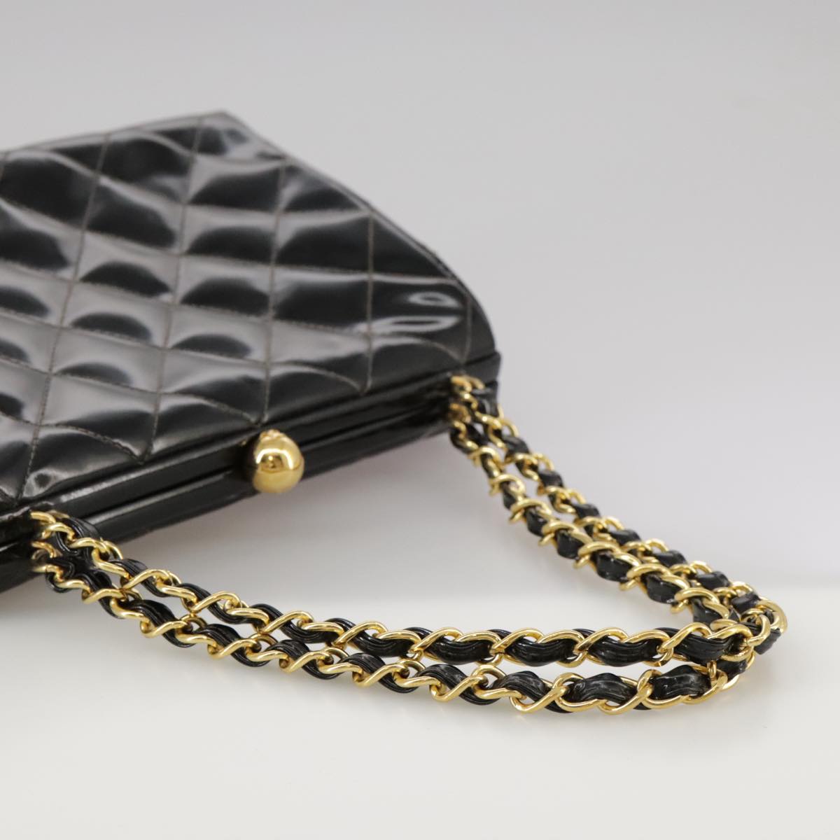 CHANEL Matelasse Chain Hand Bag Patent leather Black Gold CC hk1896