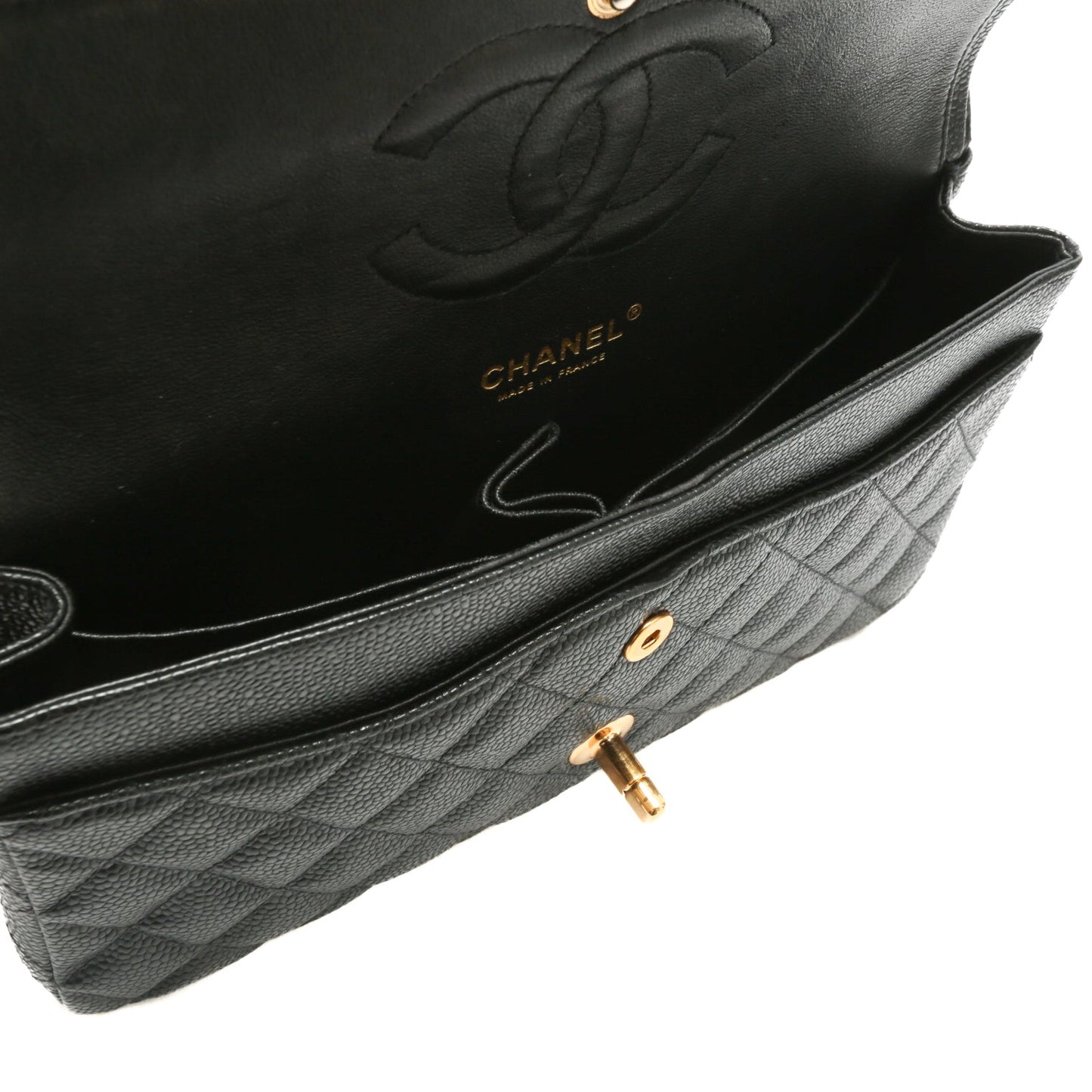 CHANEL Medium Dbl Flap Quilted Black Caviar w/Gold