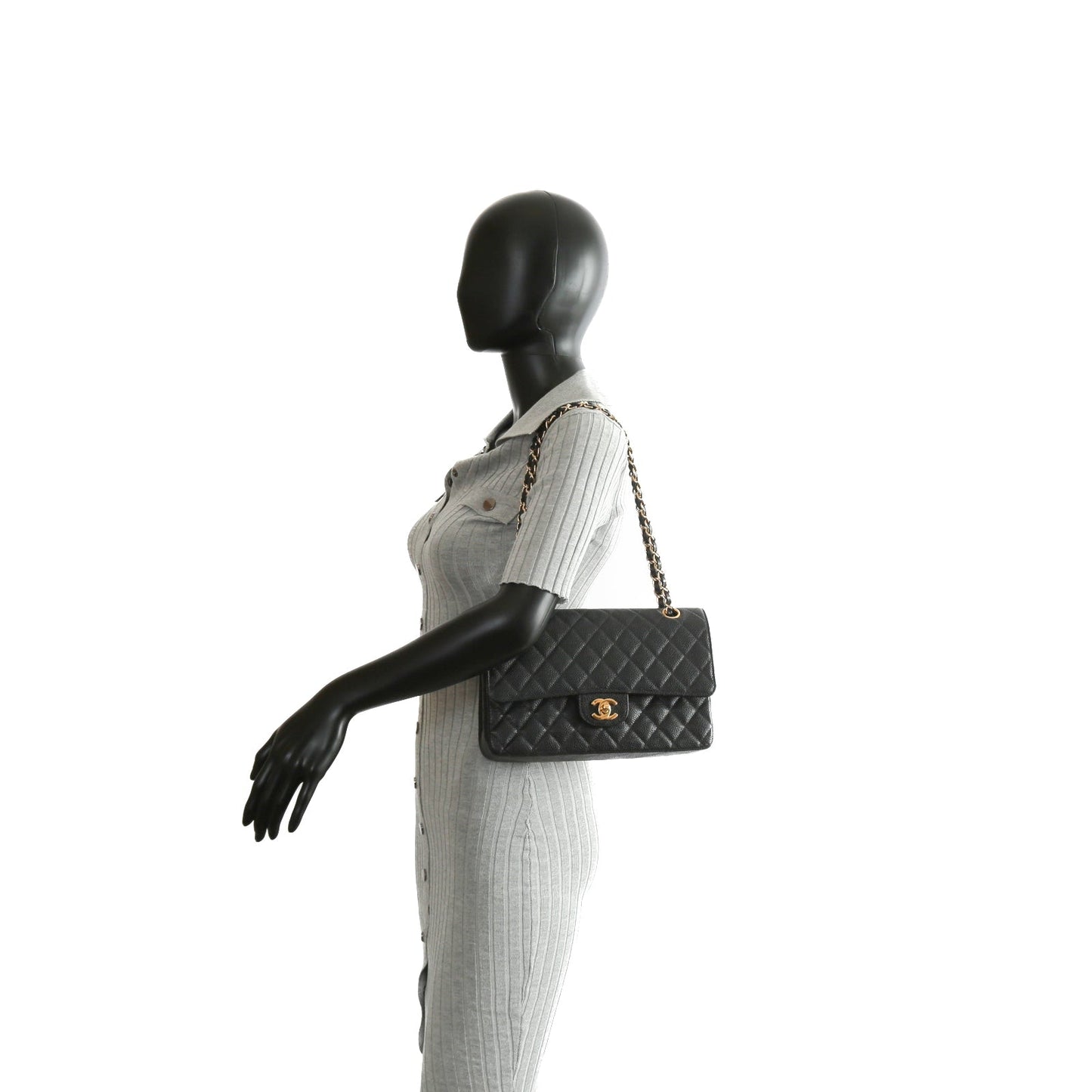 CHANEL Medium Dbl Flap Quilted Black Caviar w/Gold