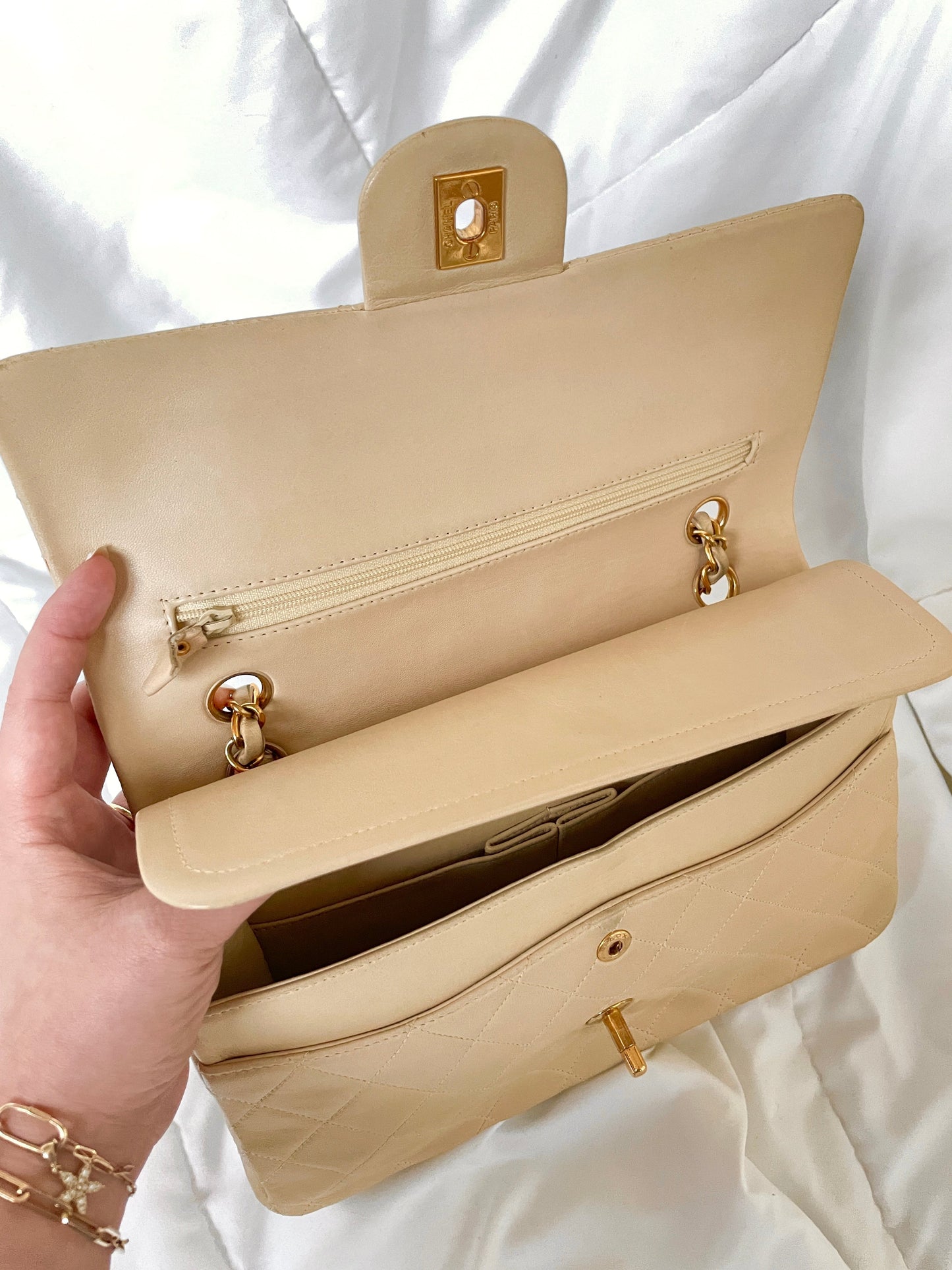Chanel Beige Lambskin Double Flap Bag