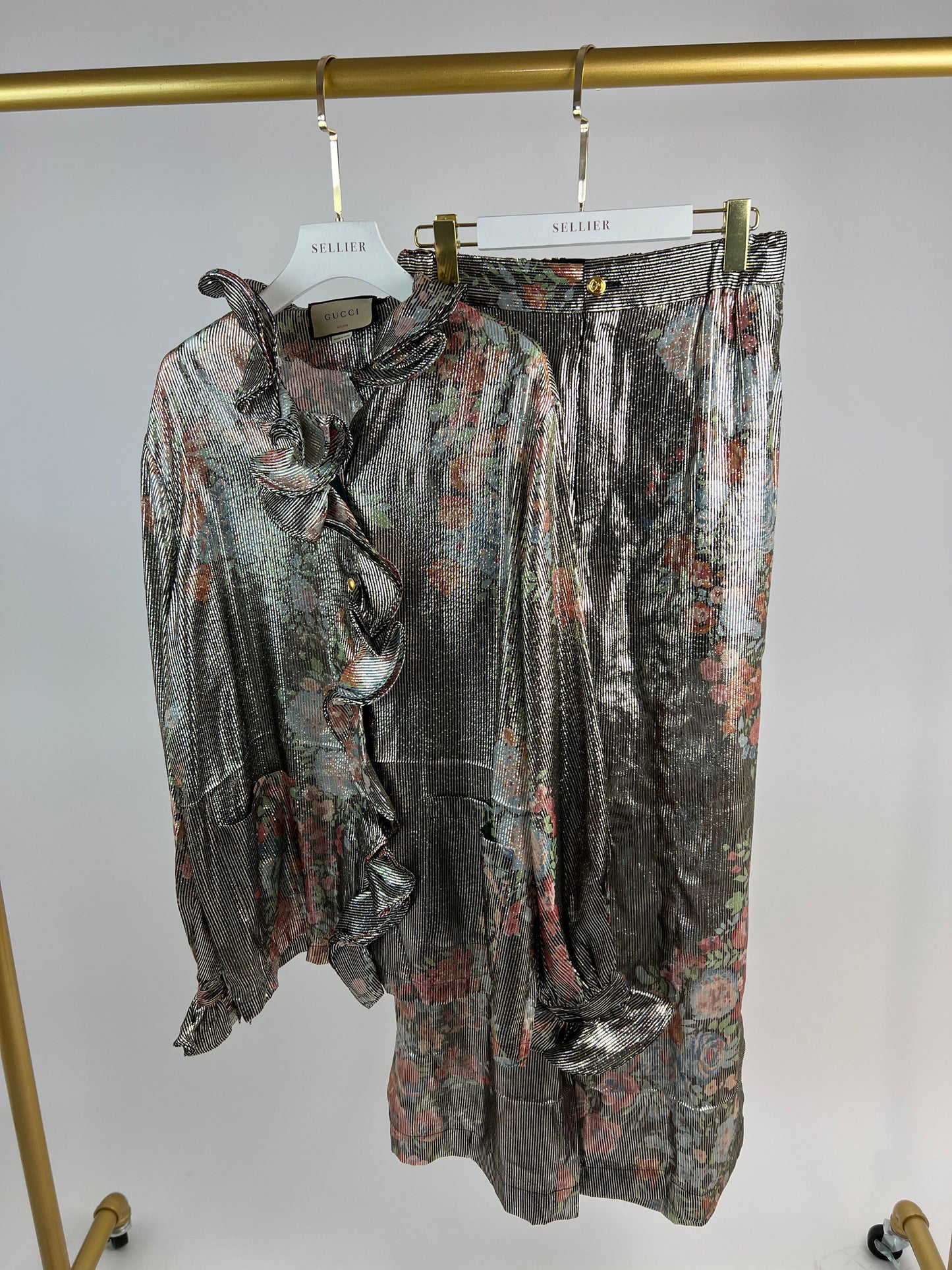Gucci Black Metallic Striped Blouse and Trouser Set with Floral Detail Size UK 10-14