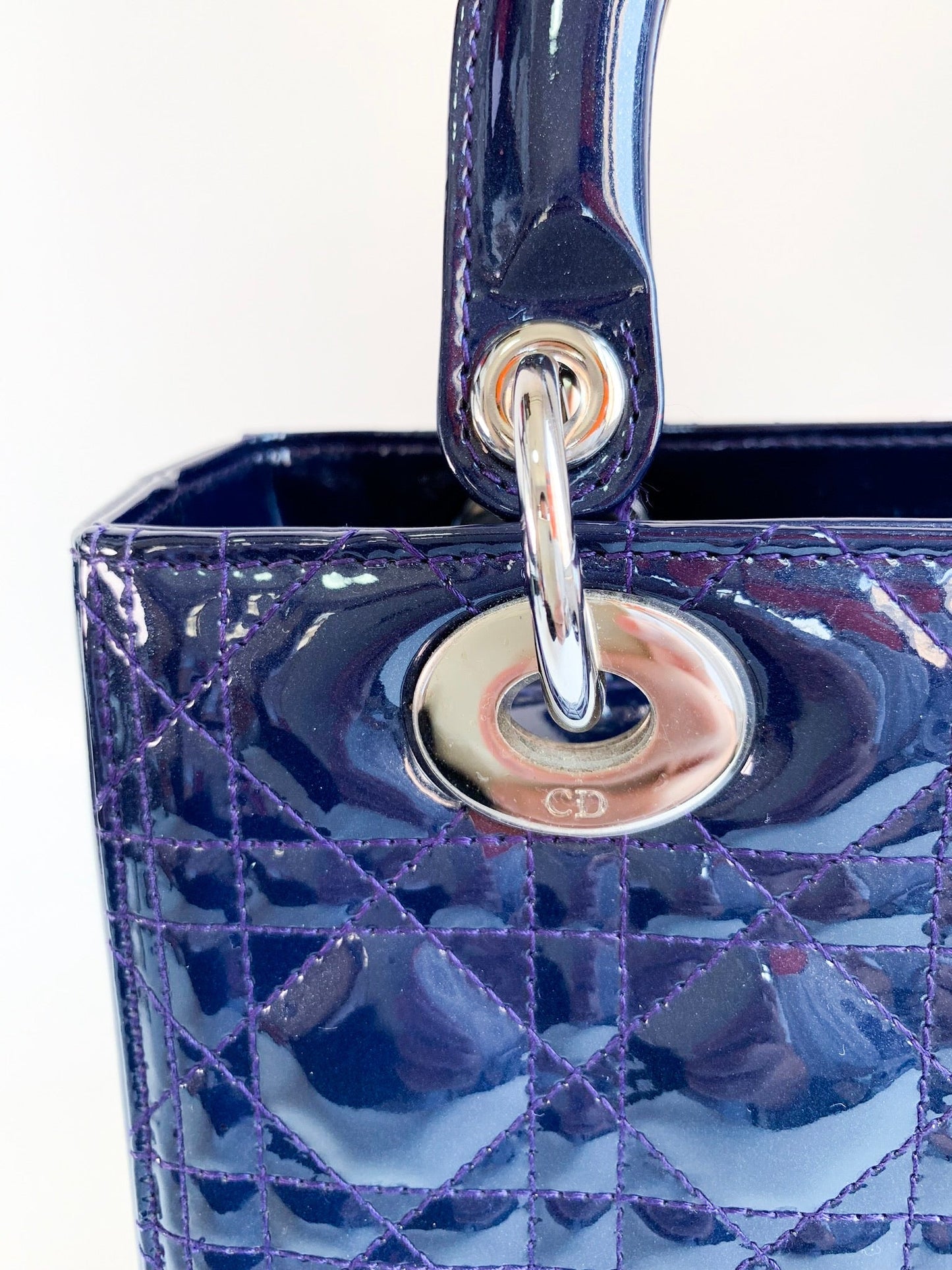 Christian Dior Patent Cannage Medium Lady Dior Navy Blue Silver Hardware