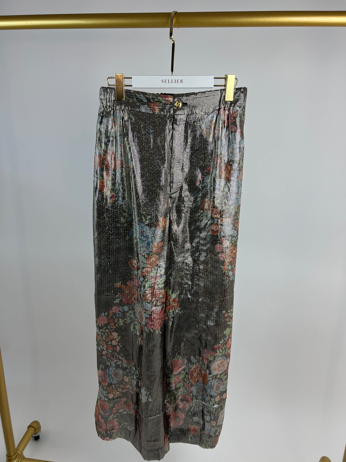 Gucci Black Metallic Striped Blouse and Trouser Set with Floral Detail Size UK 10-14