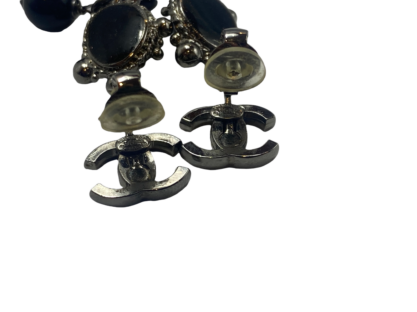 Chanel silver and black stone pendant earclips