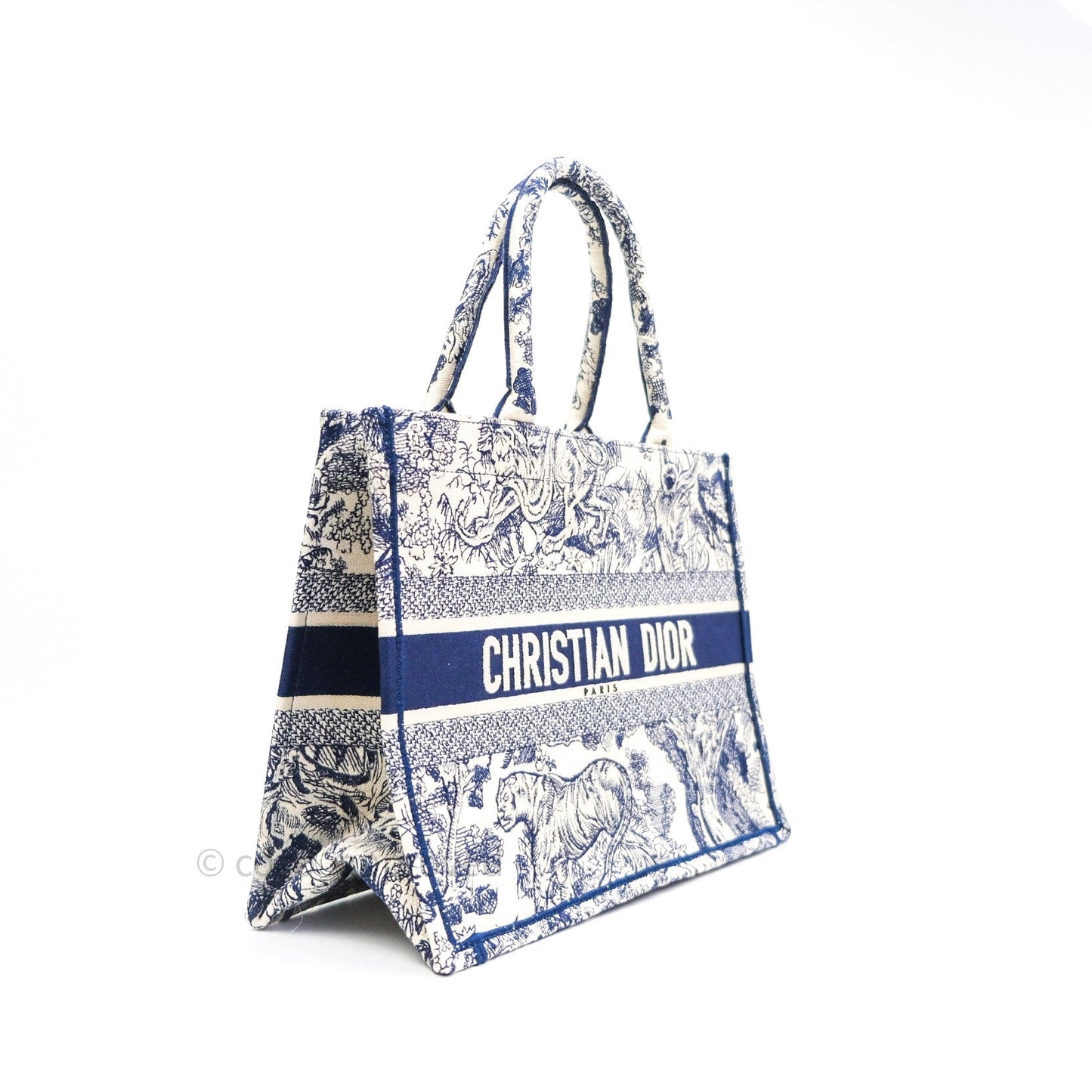Christian Dior Embroidered Toile De Jouy Small Canvas Book Tote Blue