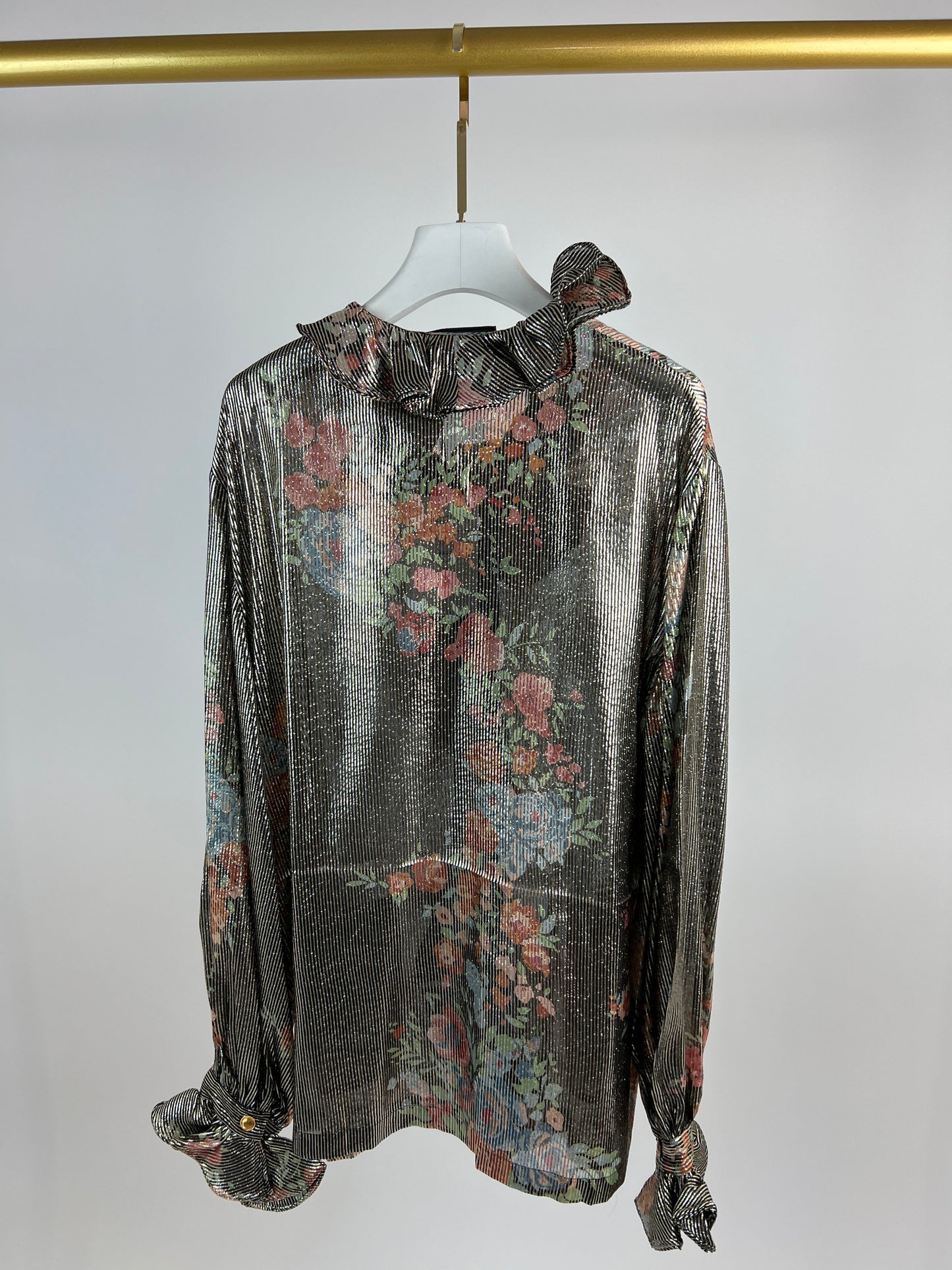 Gucci Black Metallic Striped Blouse and Trouser Set with Floral Detail Size UK 10-14