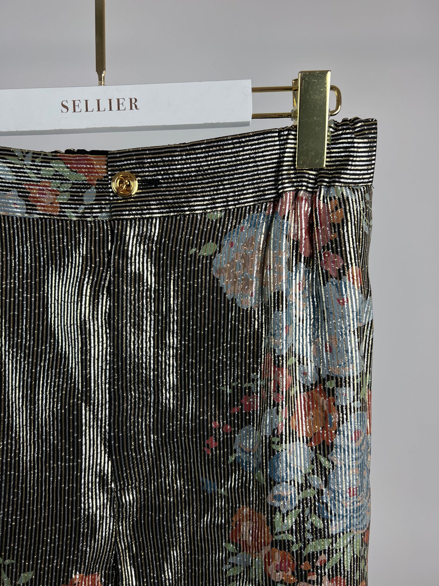 Gucci Black Metallic Striped Blouse and Trouser Set with Floral Detail Size UK 10-14