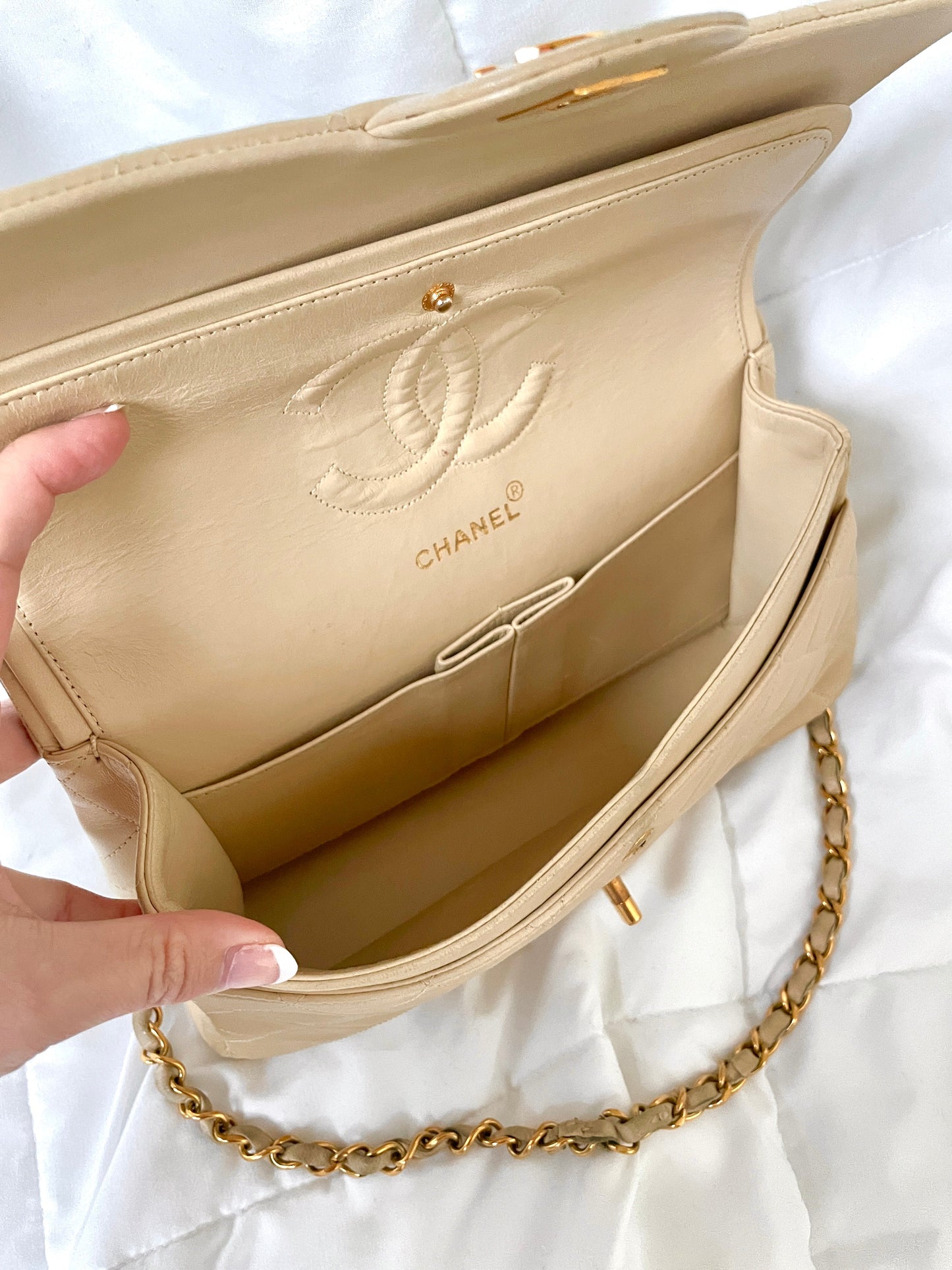 Chanel Beige Lambskin Double Flap Bag