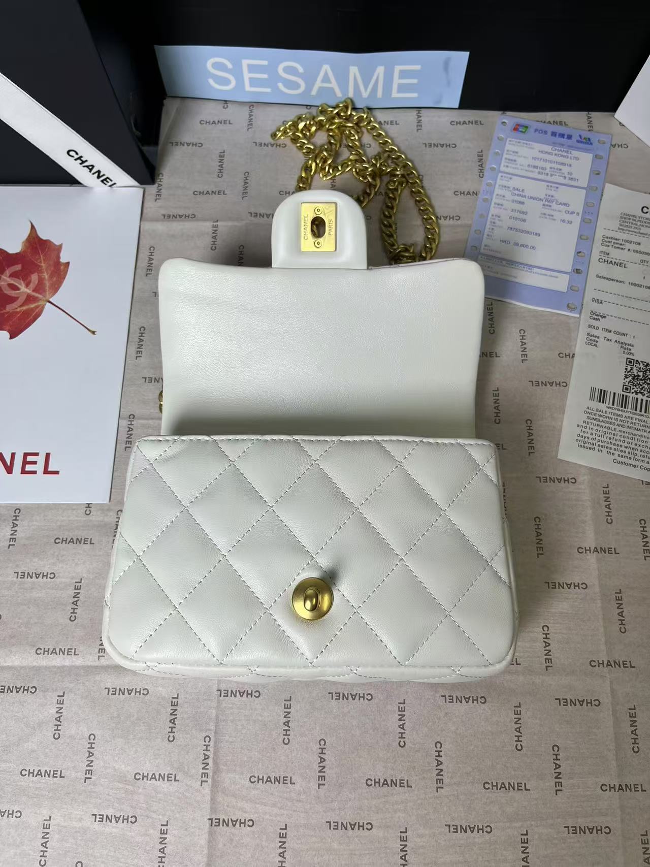 CHANEL 25C Mini Flap 19cm White Lambskin Gold Heart Hardware