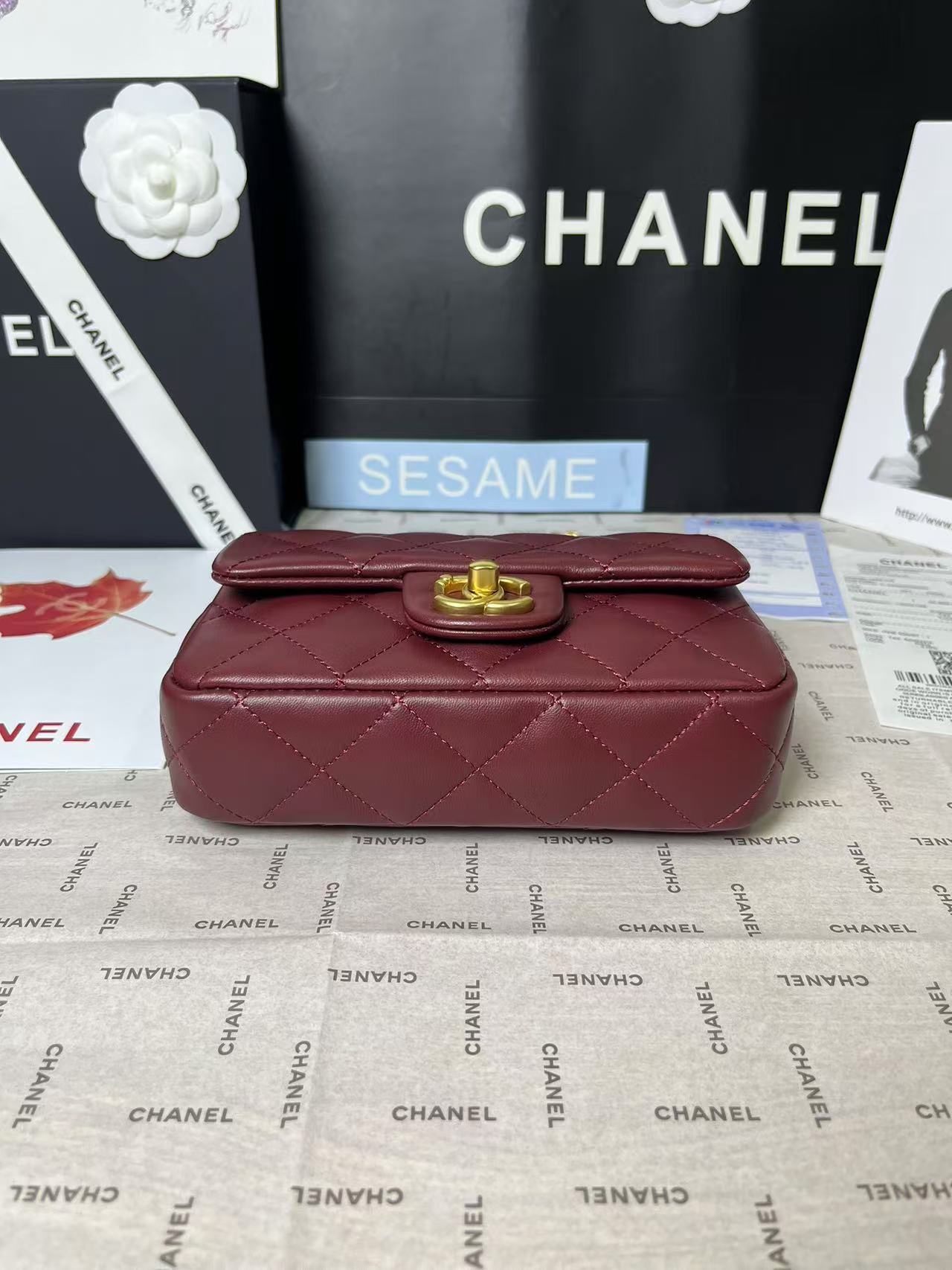 CHANEL 25C Mini Flap 19cm Burgundy Lambskin Gold Heart Hardware
