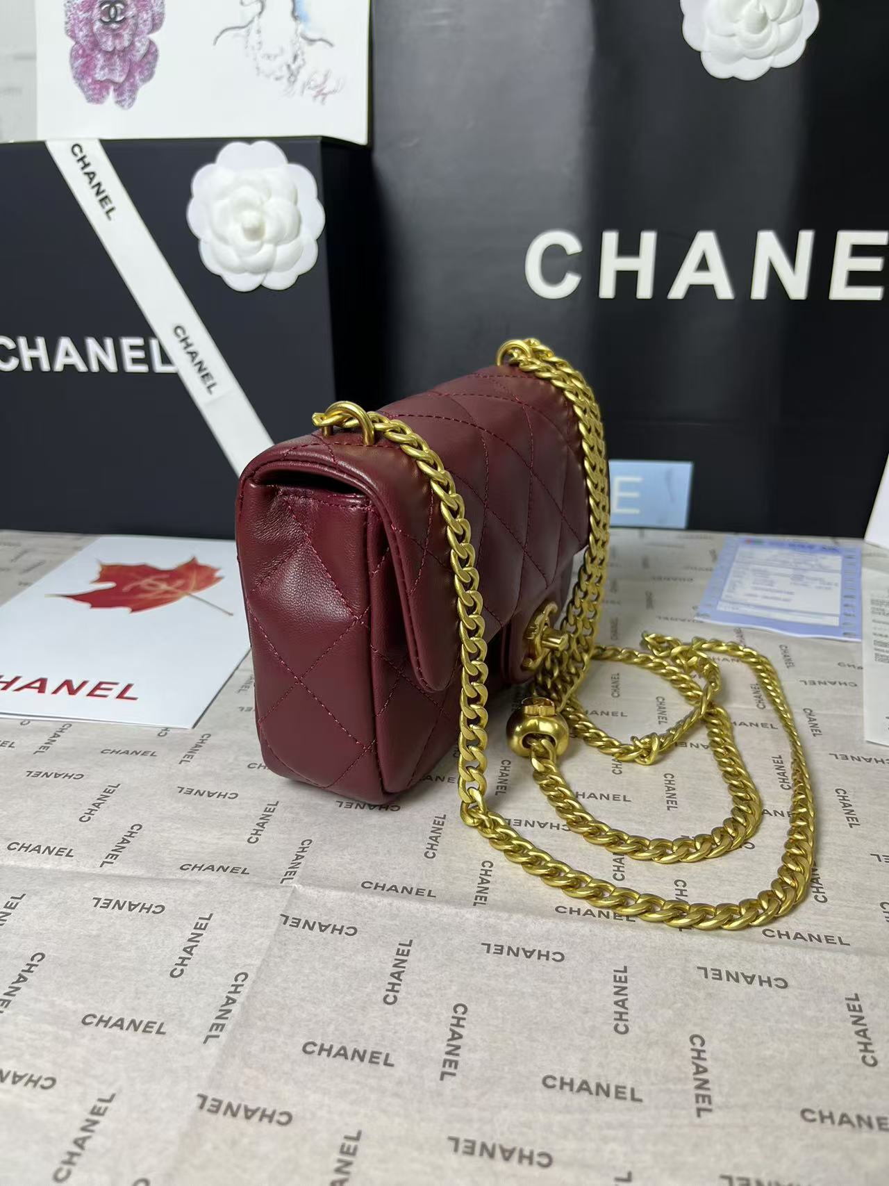 CHANEL 25C Mini Flap 19cm Burgundy Lambskin Gold Heart Hardware