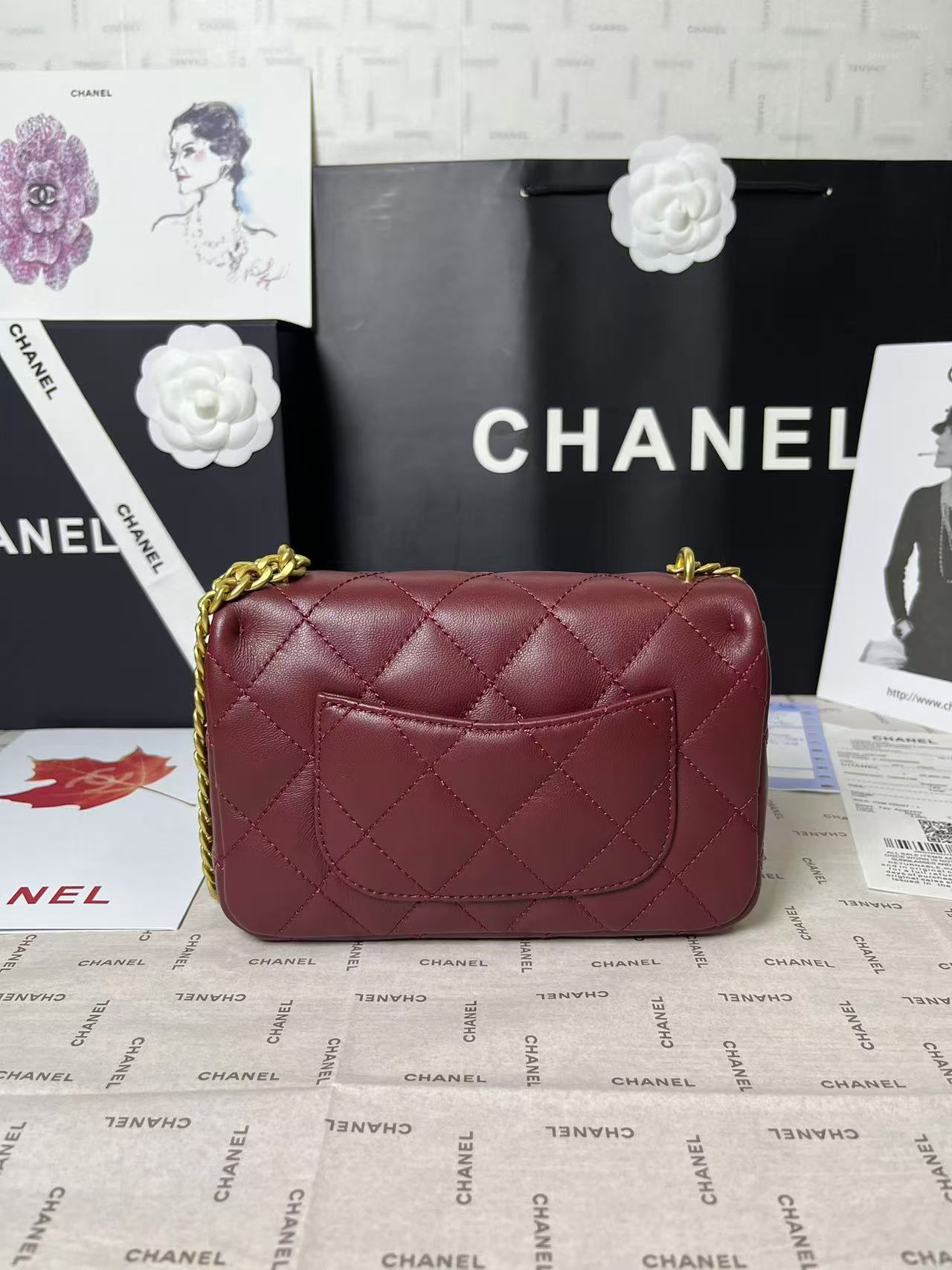 CHANEL 25C Mini Flap 19cm Burgundy Lambskin Gold Heart Hardware