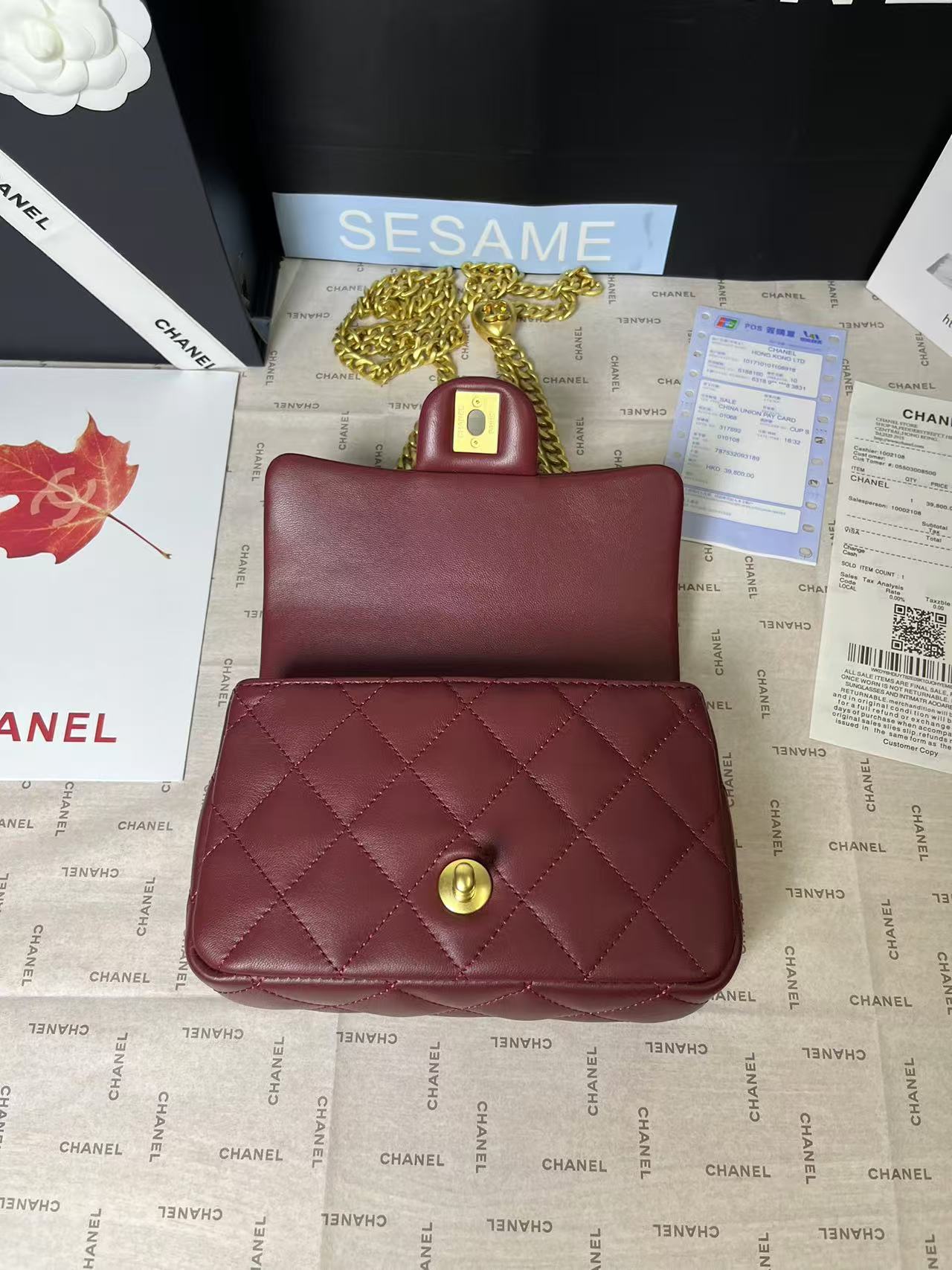 CHANEL 25C Mini Flap 19cm Burgundy Lambskin Gold Heart Hardware