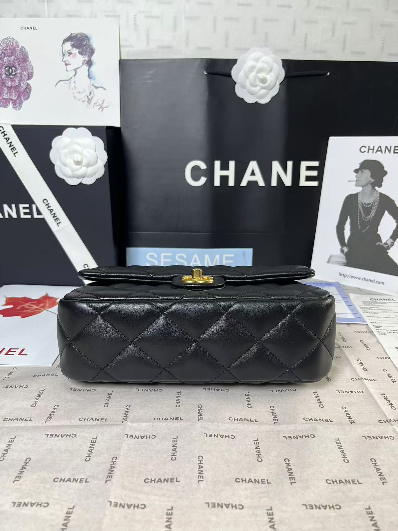CHANEL 25C Mini Flap 24cm Black Lambskin Gold Heart Hardware