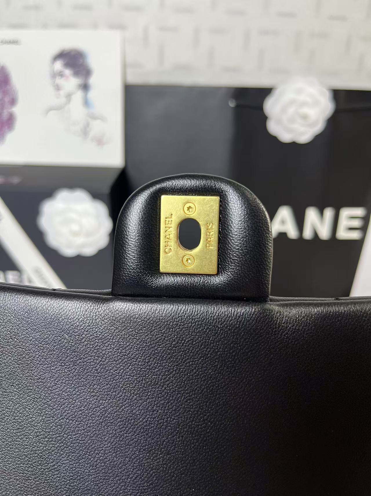 CHANEL 25C Mini Flap 24cm Black Lambskin Gold Heart Hardware