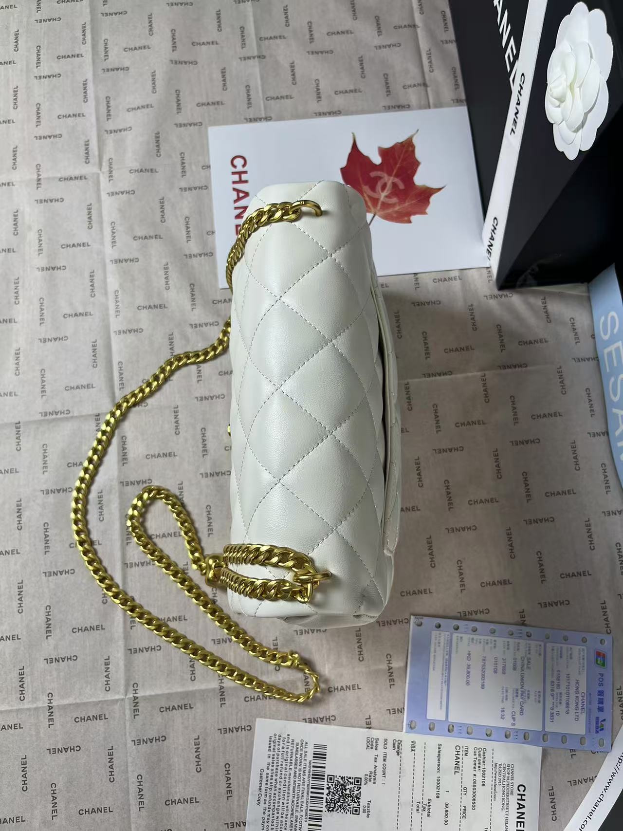 CHANEL 25C Mini Flap 24cm White Lambskin Gold Heart Hardware