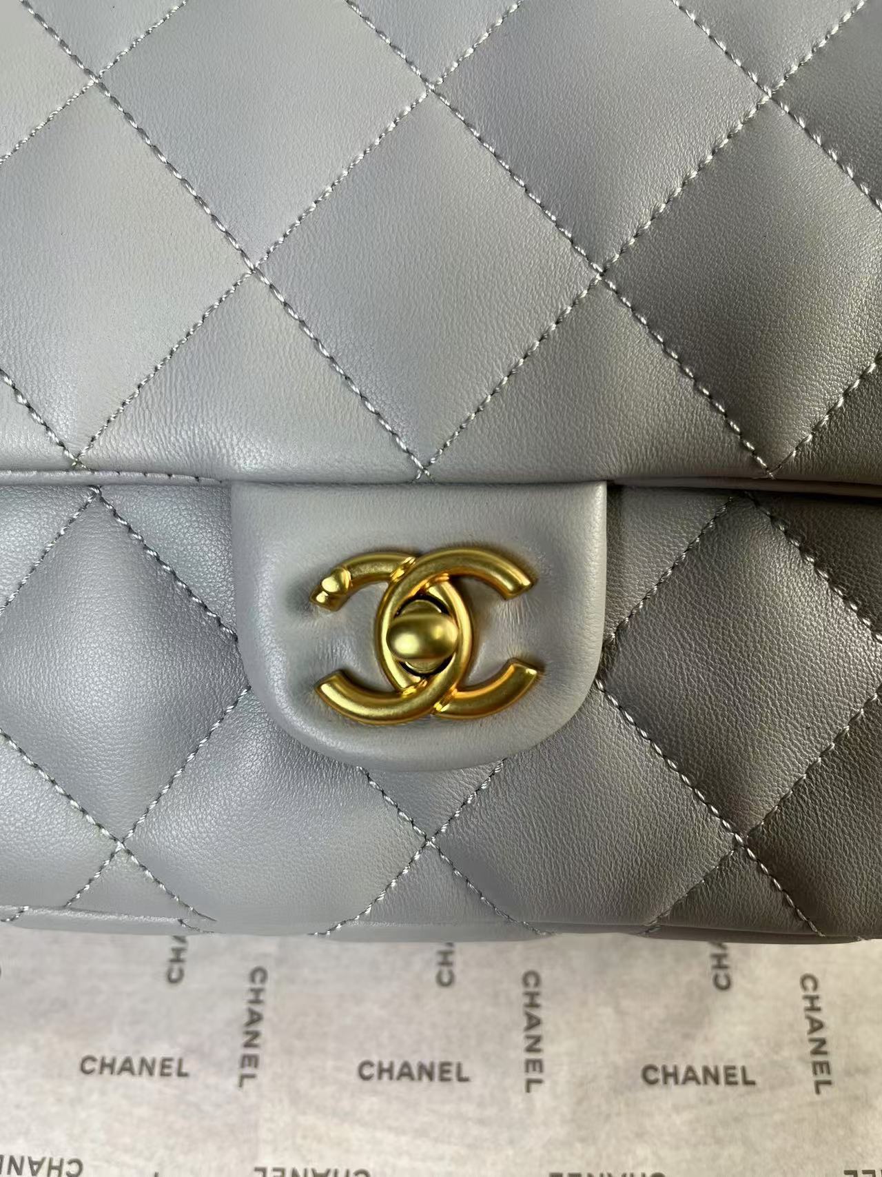 CHANEL 25C Mini Flap 24cm Grey Lambskin Gold Heart Hardware