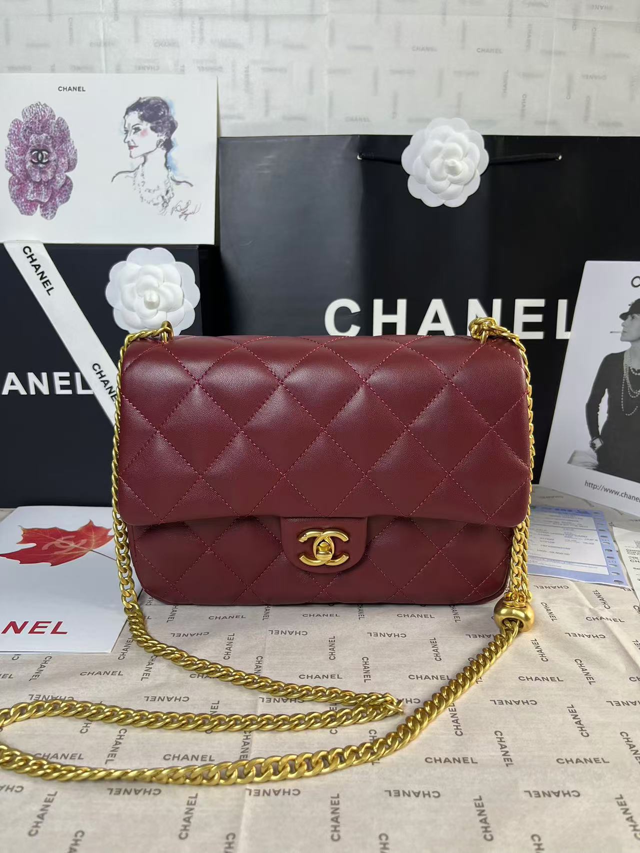 CHANEL 25C Mini Flap 24cm Burgundy Lambskin Gold Heart Hardware