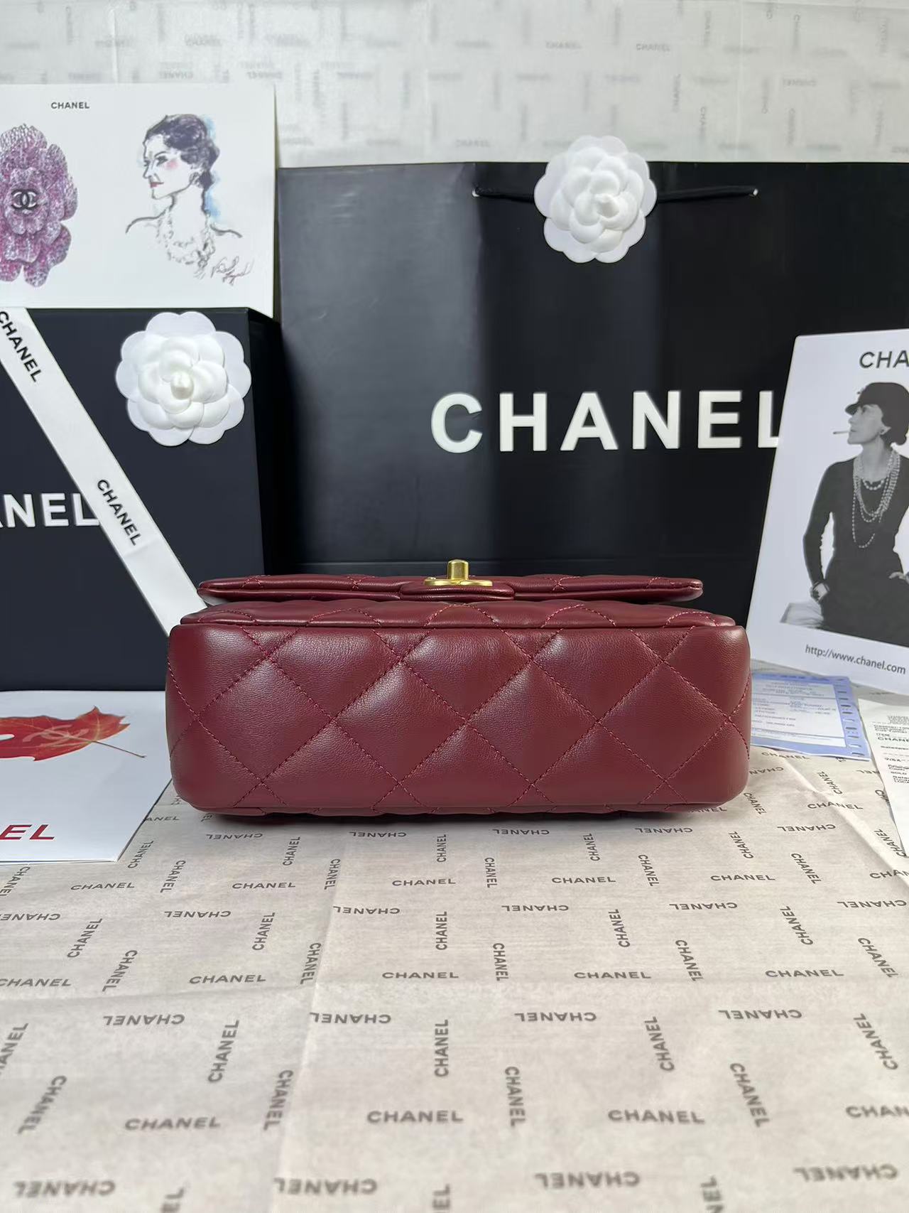 CHANEL 25C Mini Flap 24cm Burgundy Lambskin Gold Heart Hardware