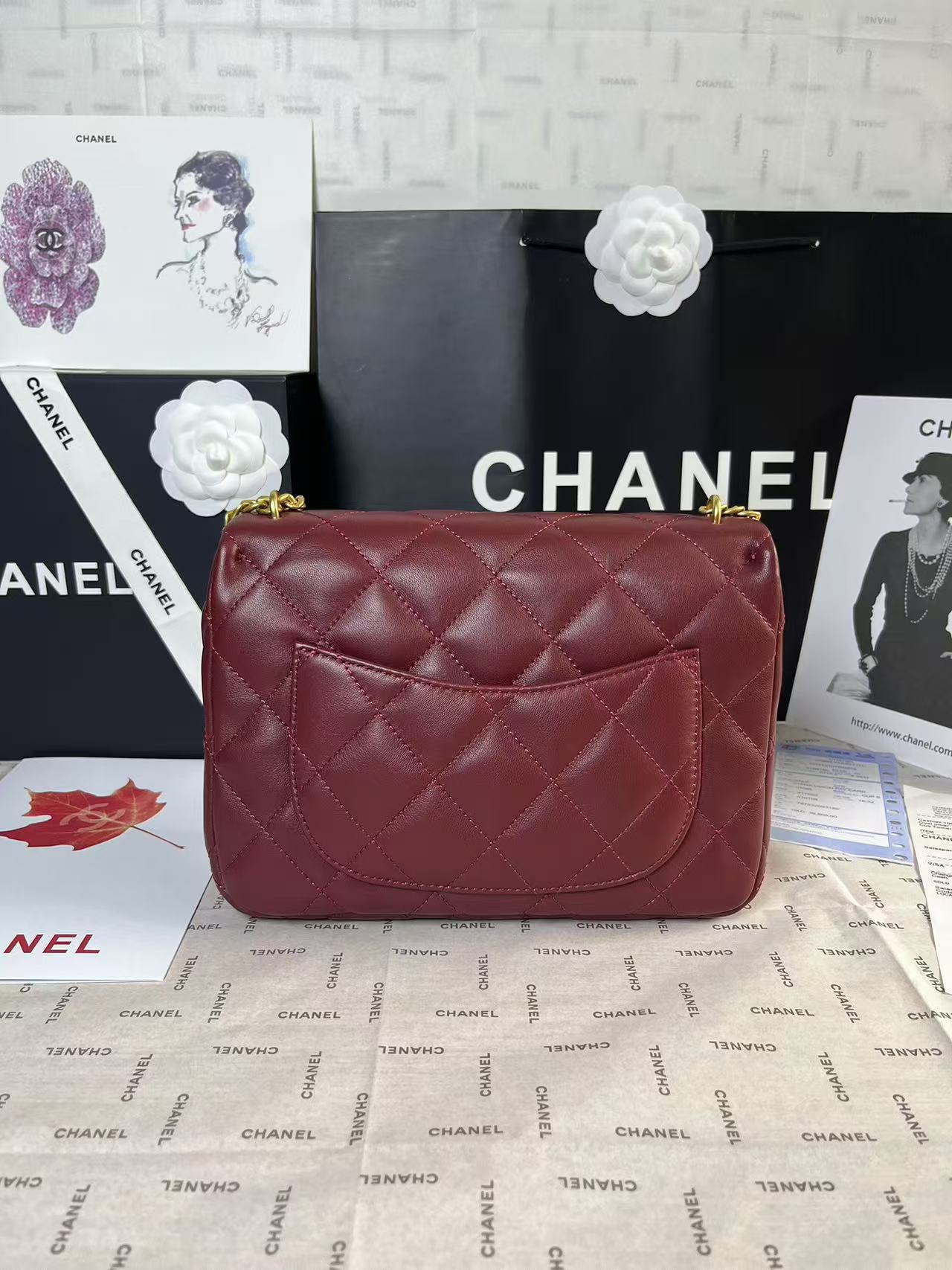 CHANEL 25C Mini Flap 24cm Burgundy Lambskin Gold Heart Hardware