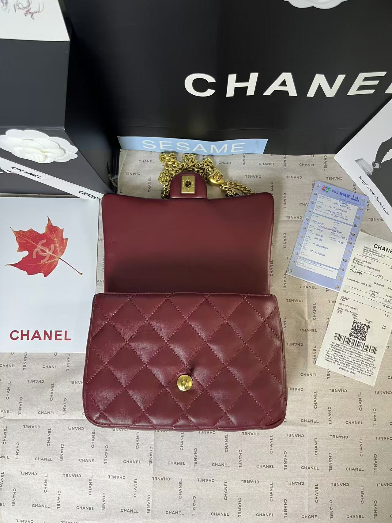 CHANEL 25C Mini Flap 24cm Burgundy Lambskin Gold Heart Hardware