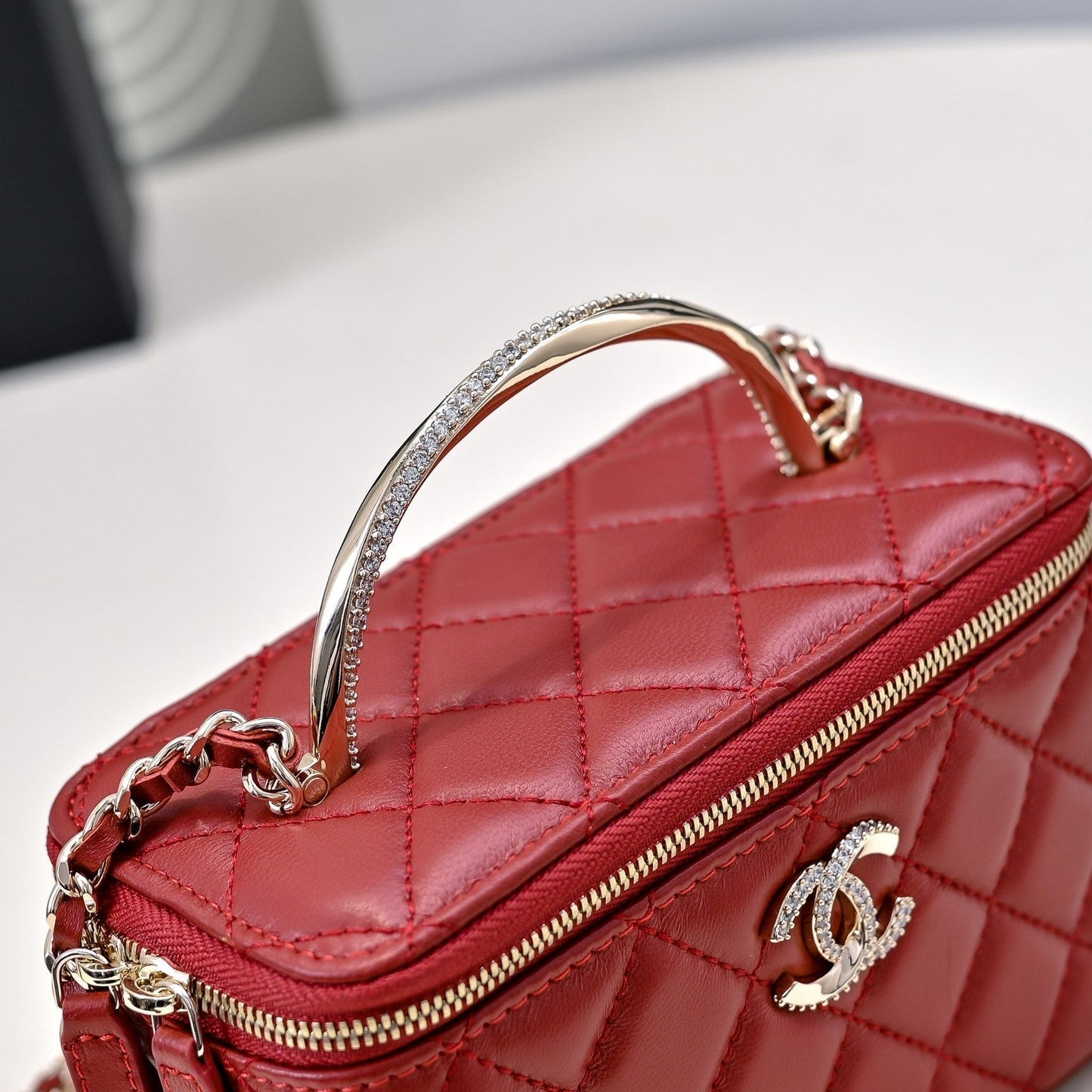 CHANEL 24K Vanity Top Handle 17cm Red Lambskin Silver Hardware