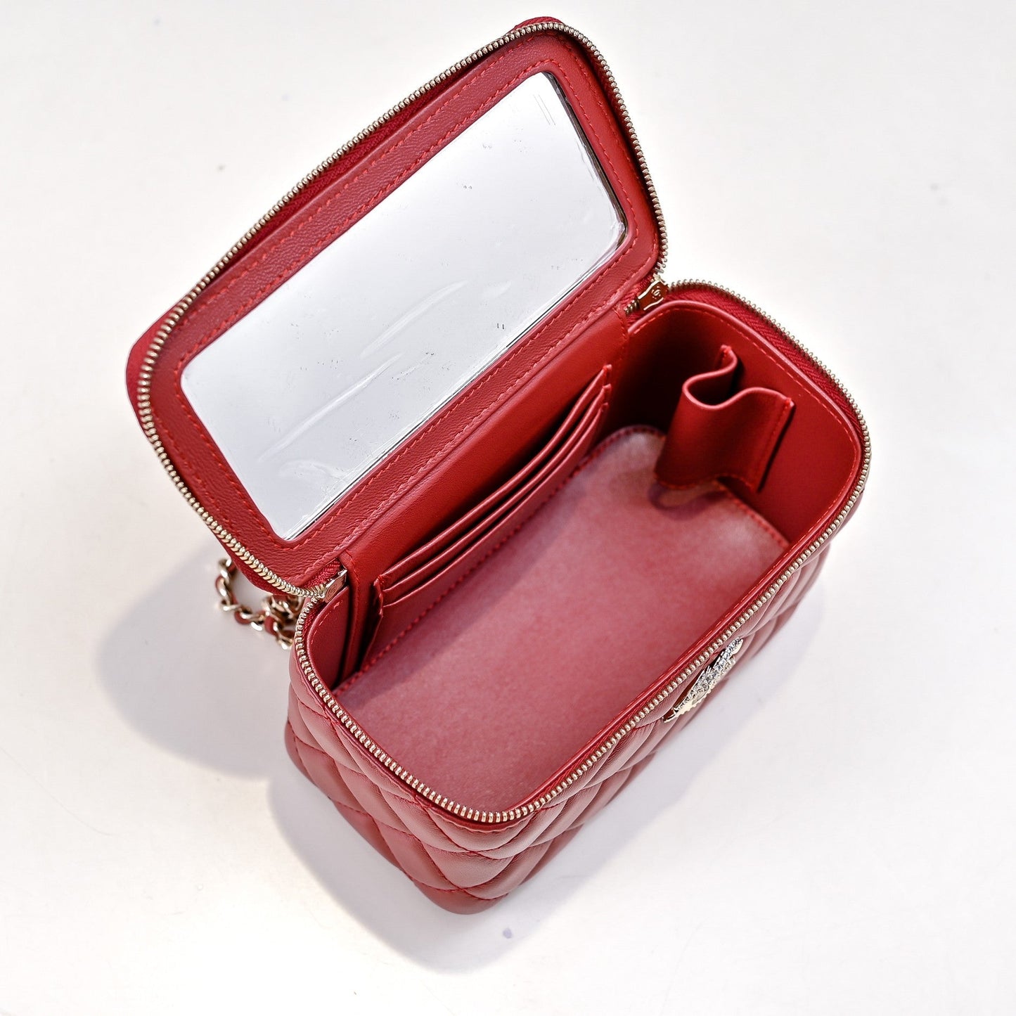 CHANEL 24K Vanity Top Handle 17cm Red Lambskin Silver Hardware