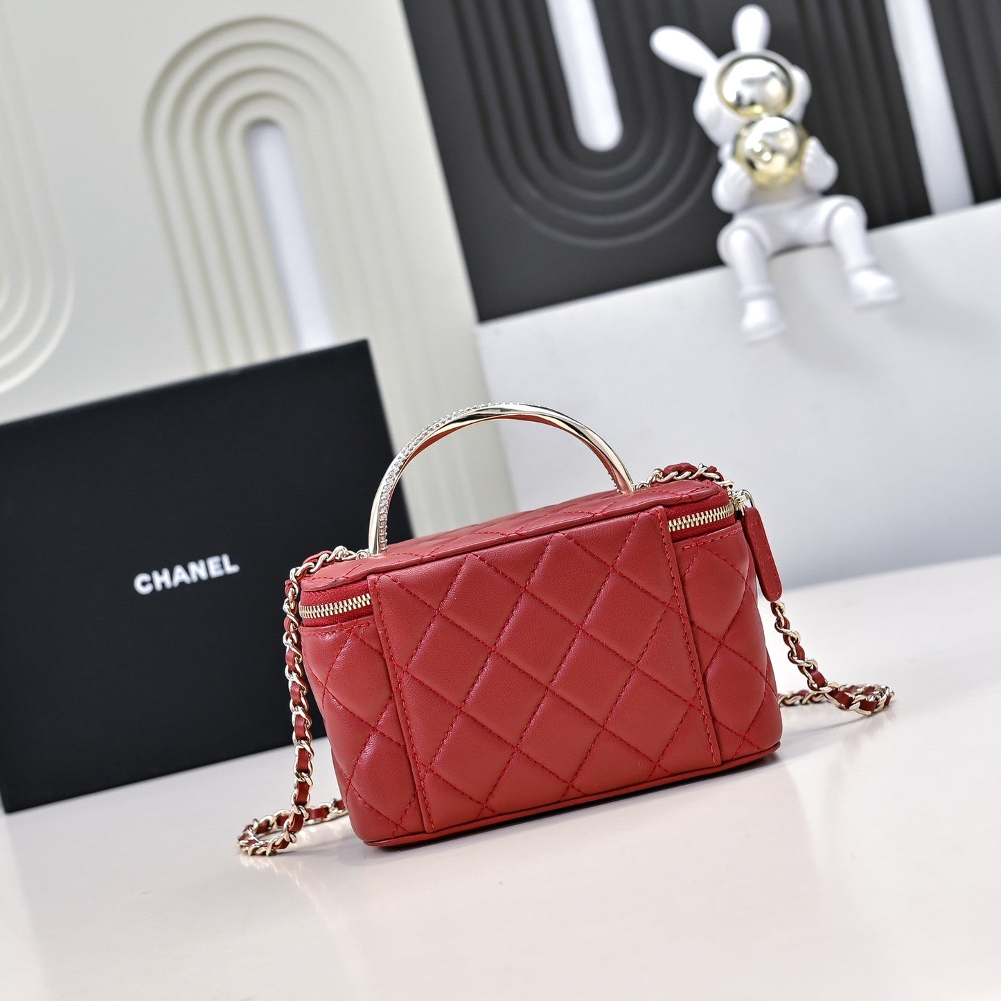 CHANEL 24K Vanity Top Handle 17cm Red Lambskin Silver Hardware