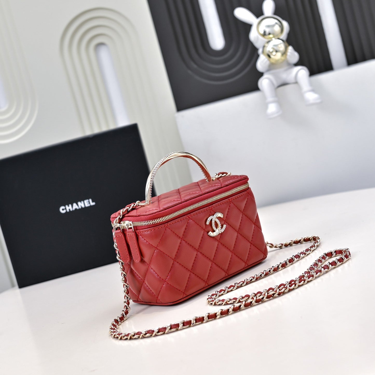 CHANEL 24K Vanity Top Handle 17cm Red Lambskin Silver Hardware