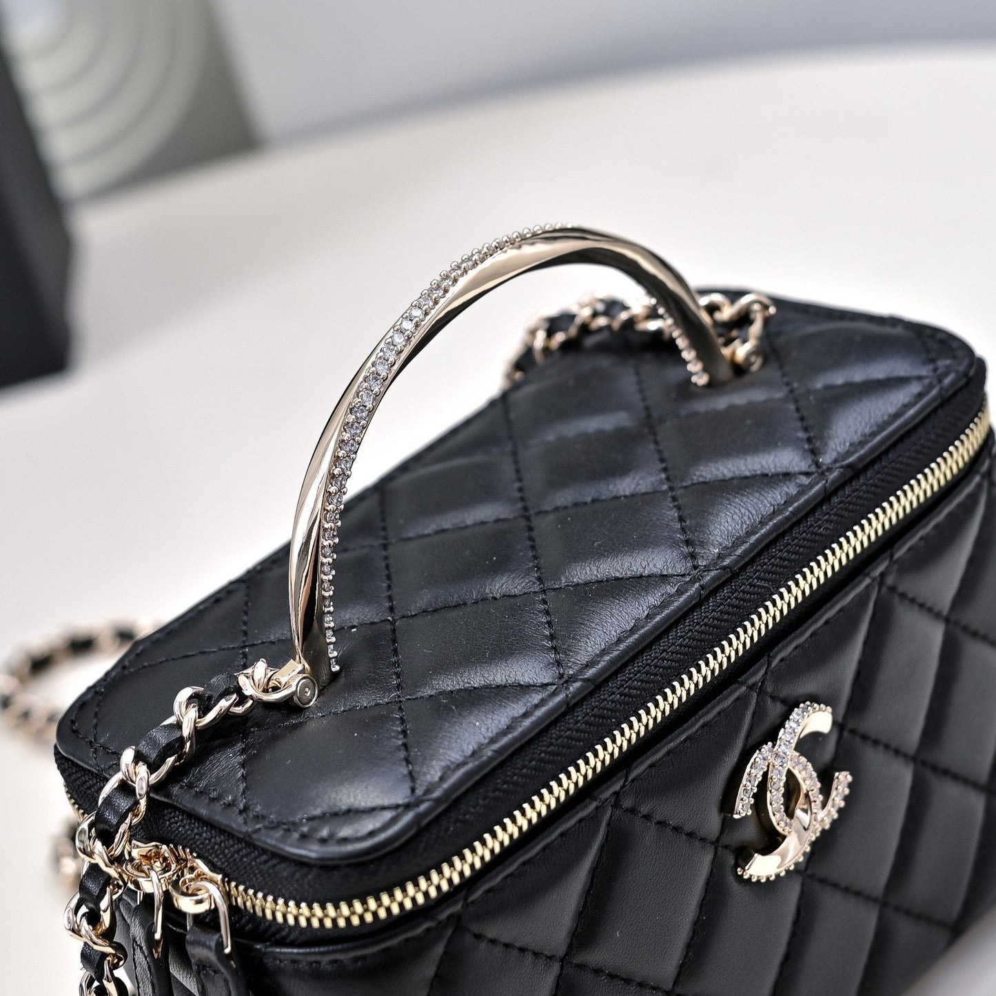 CHANEL 24K Vanity Top Handle 17cm Black Lambskin Silver Hardware