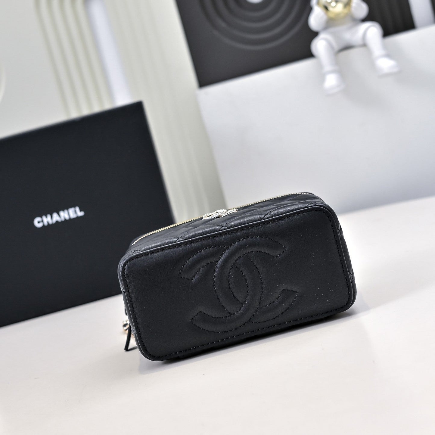 CHANEL 24K Vanity Top Handle 17cm Black Lambskin Silver Hardware