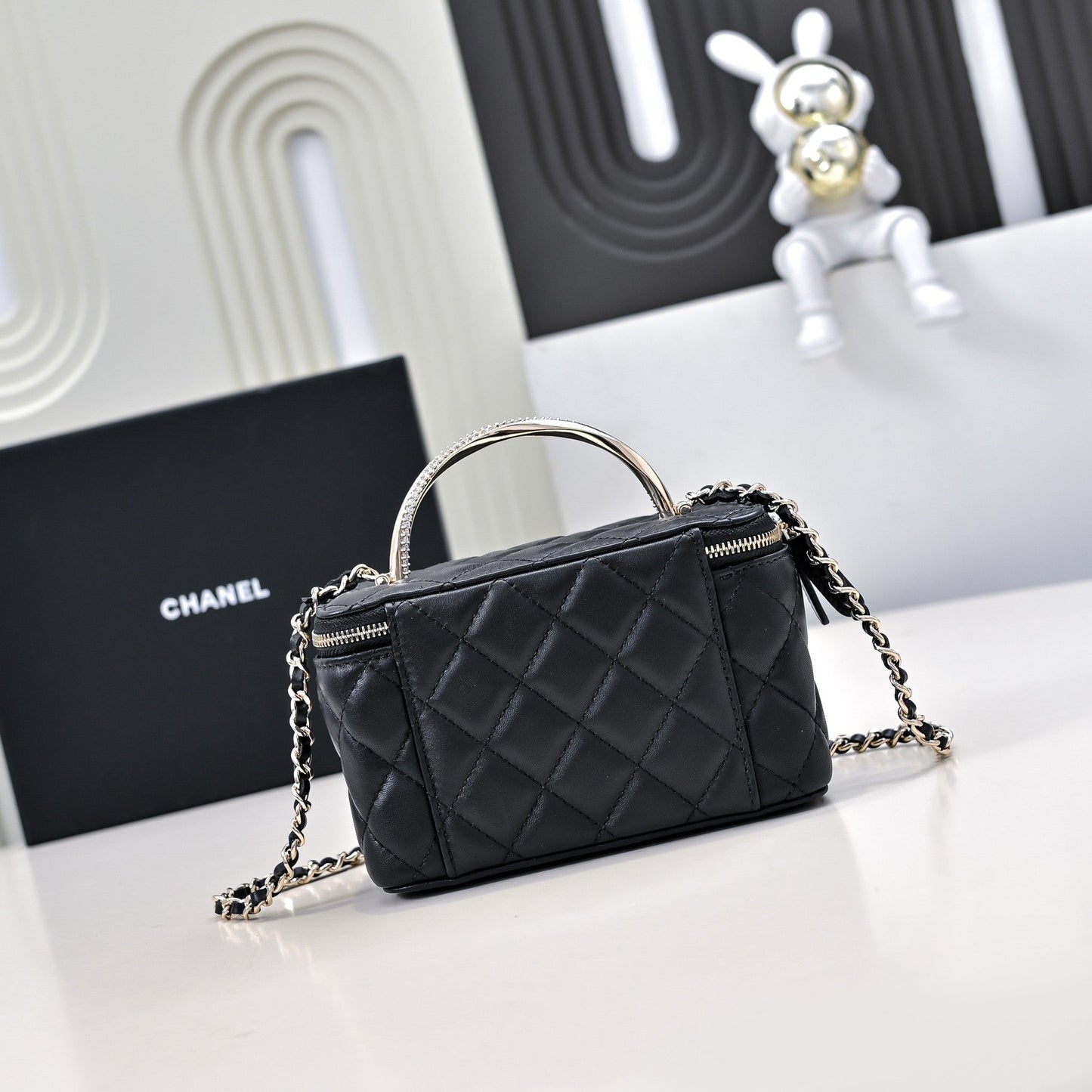 CHANEL 24K Vanity Top Handle 17cm Black Lambskin Silver Hardware