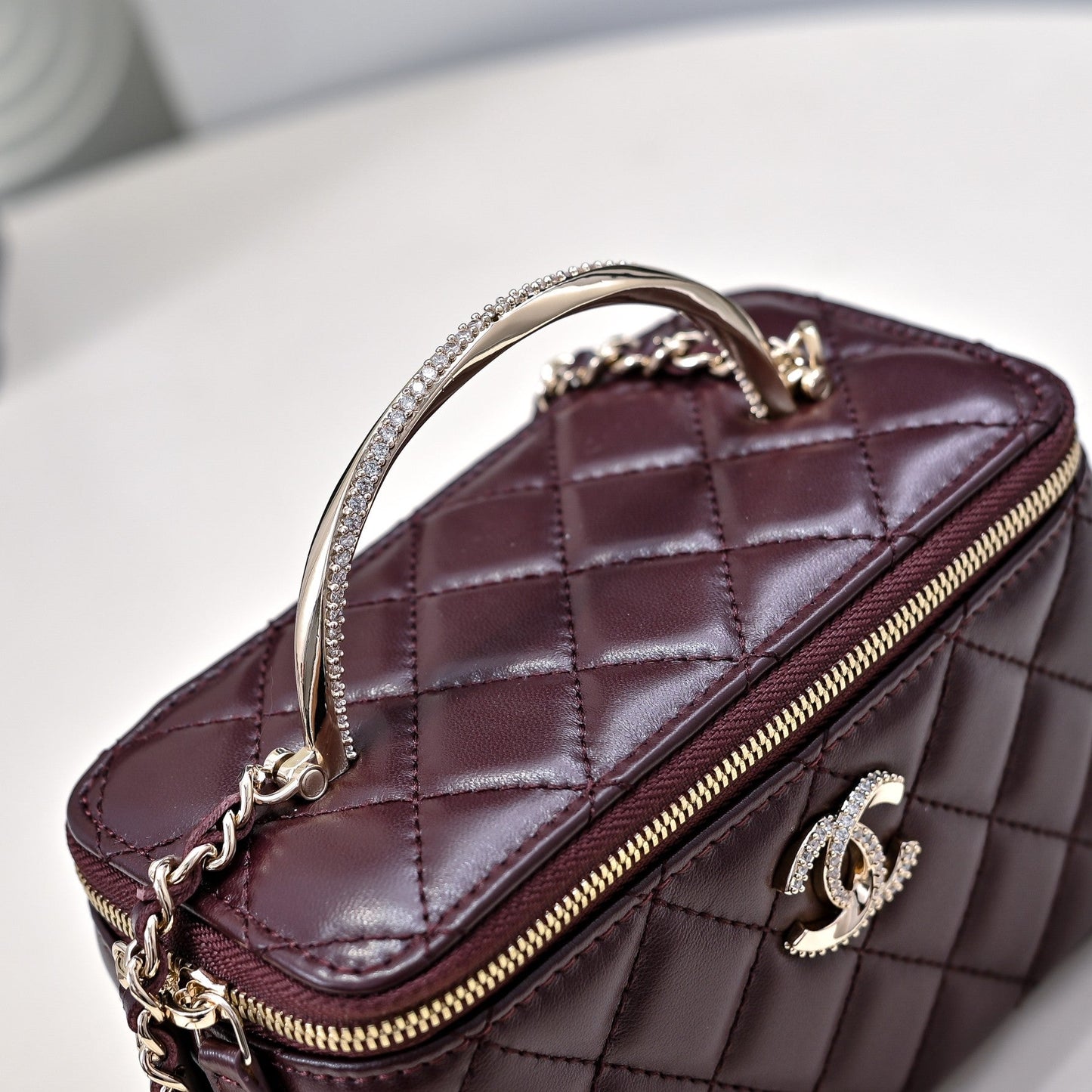 CHANEL 24K Vanity Top Handle 17cm Burgundy Lambskin Silver Hardware