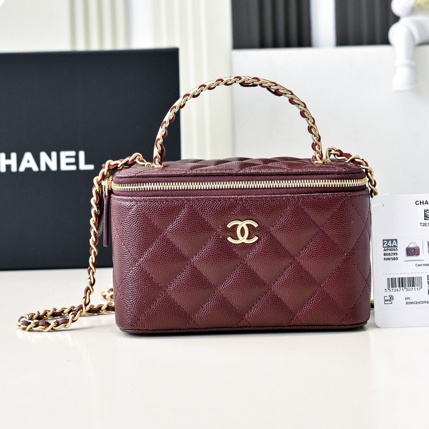 CHANEL 24A Vanity Top Handle 16cm Burgundy Grained Calfskin Gold Hardware