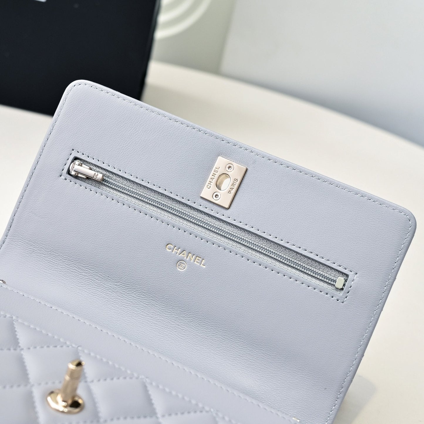 CHANEL 24K Woc Top Handle 19cm Light Grey Lambskin Light Gold Hardware