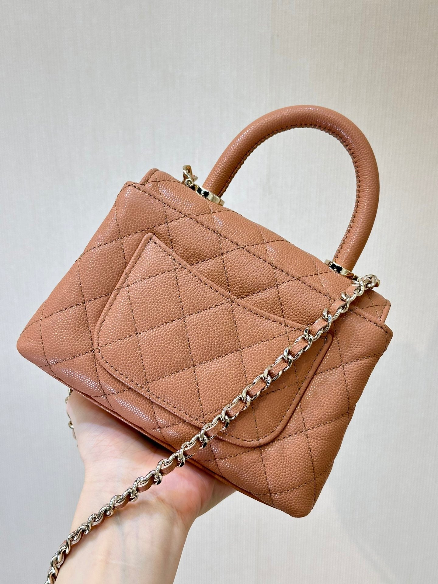CHANEL 24K Coco Handle Nano 14.5cm Begie Grained Calfskin Gold Hardware
