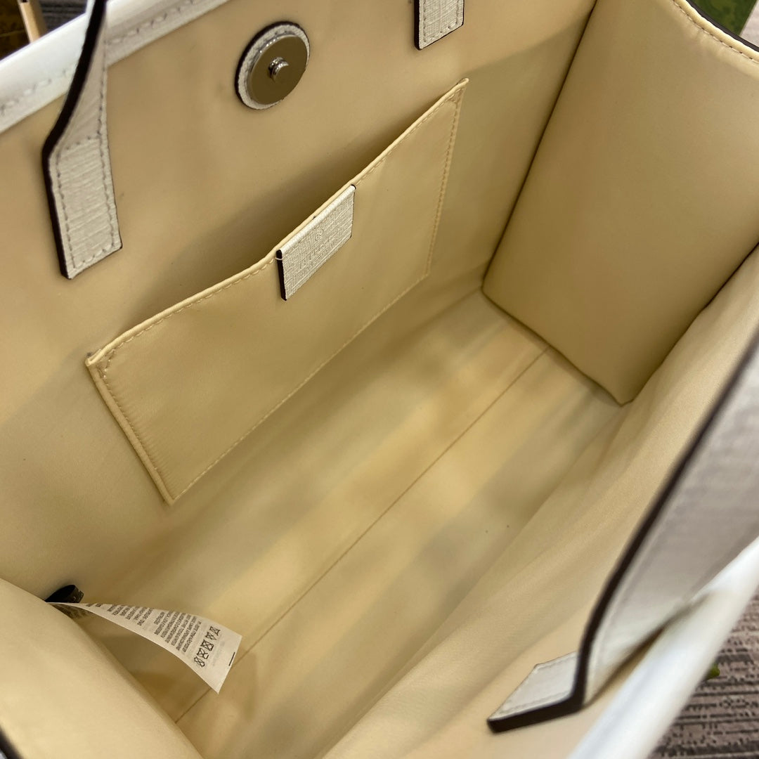 Gucci ANIMAL PRINT TOTE BAG 28 IN BEIGE CANVAS AND WHITE CALFSKIN TRIM