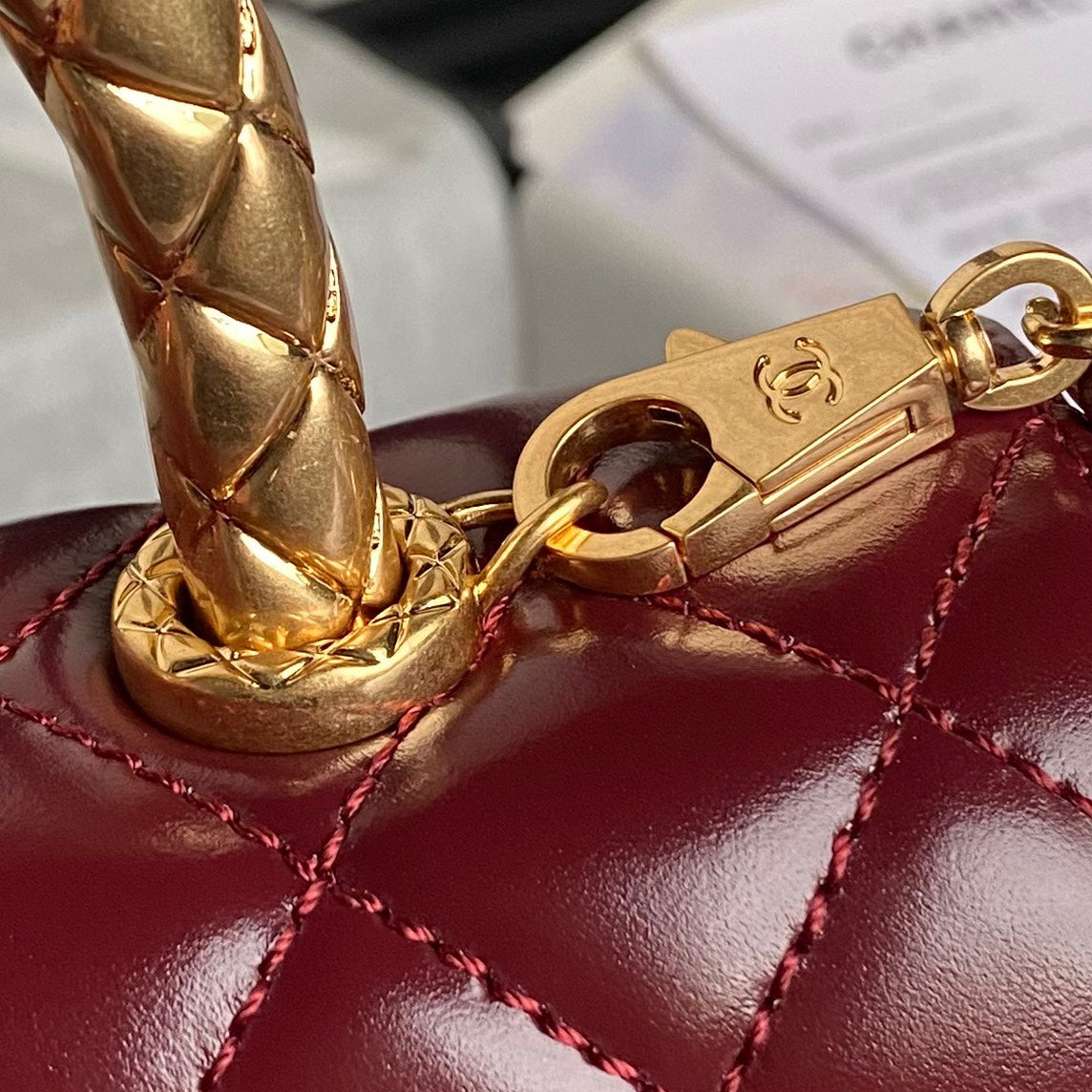 CHANEL 24A Coco Handle Small 23cm Burgundy Patent Calfskin Gold Hardware