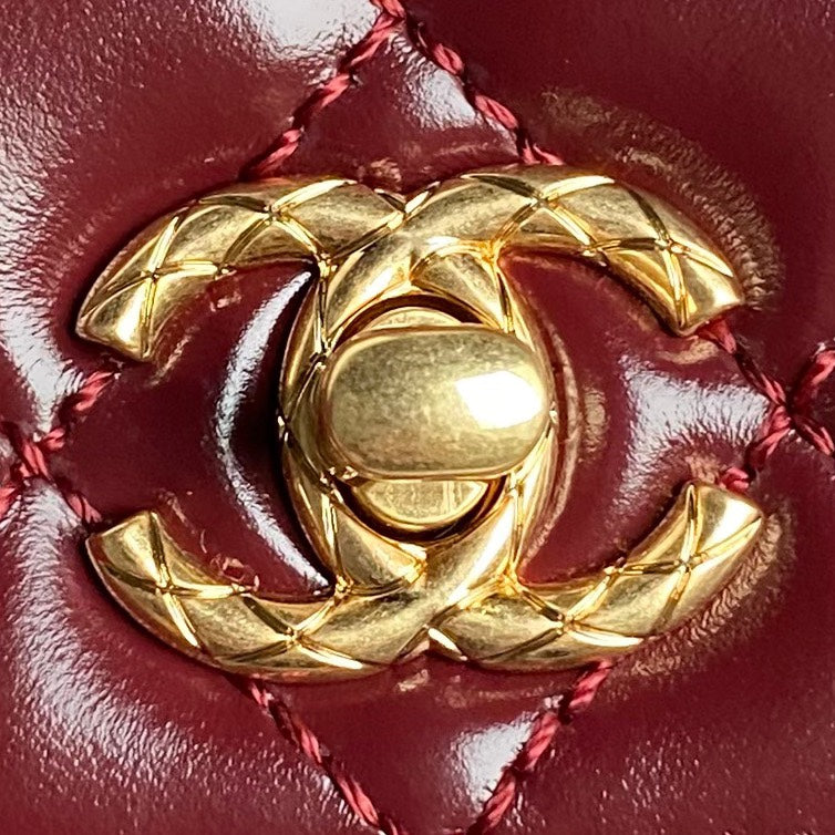 CHANEL 24A Coco Handle Small 23cm Burgundy Patent Calfskin Gold Hardware